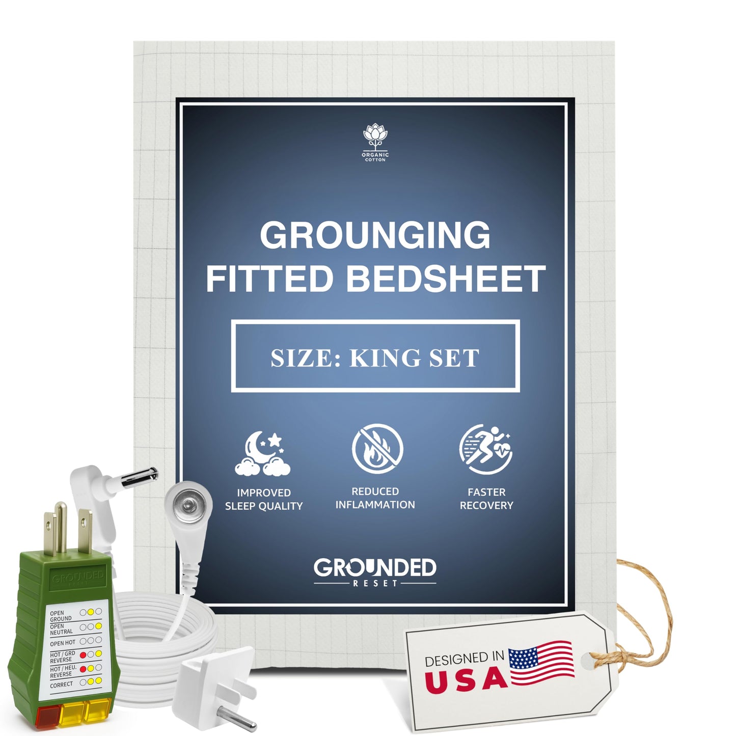 Grounding Sheets King Size 76x80x13.5 Inches – Organic Cotton with Silver, White Grounded Sheets King Size for Overall Improved Wellbeing, with 15 ft Grounding Cord