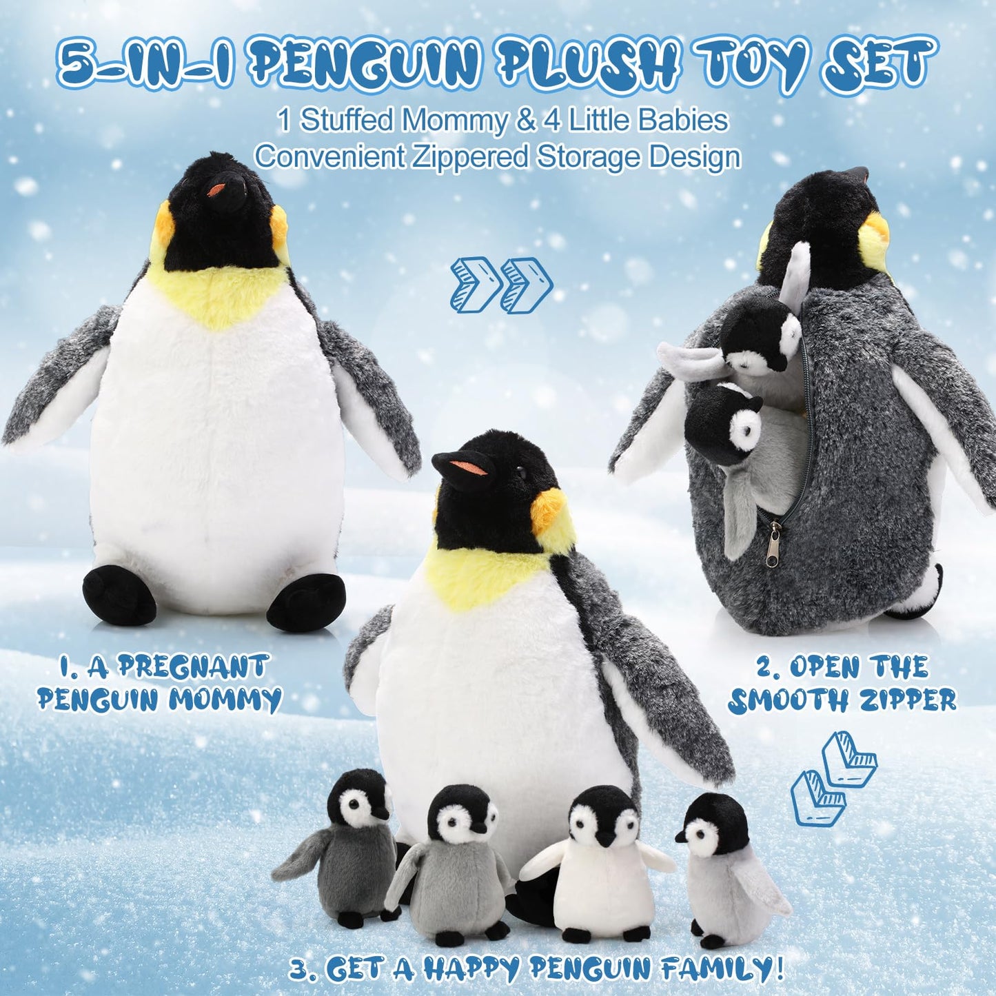 Harrycle 5 Pcs Penguin Plush Toy Set 14 Inch Mommy Penguin Stuffed Animal with 4 Cute Babies in Zippered Belly Soft Cuddly Plushie for Kids Birthday Gifts Party Favors(Simple Style)