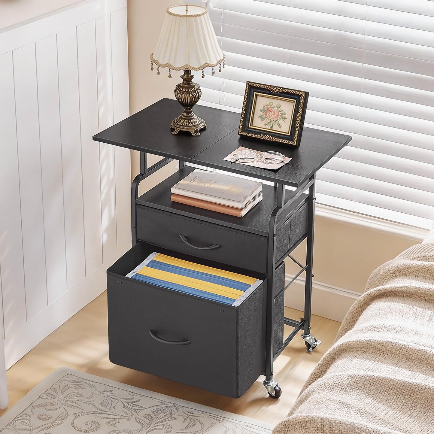 HOOBRO Printer Stand, Printer Table with Drawers, Mobile Filing Cabinet with Charging Station, Printer Cart for Home Office, Living Room, Black BB15UPS01