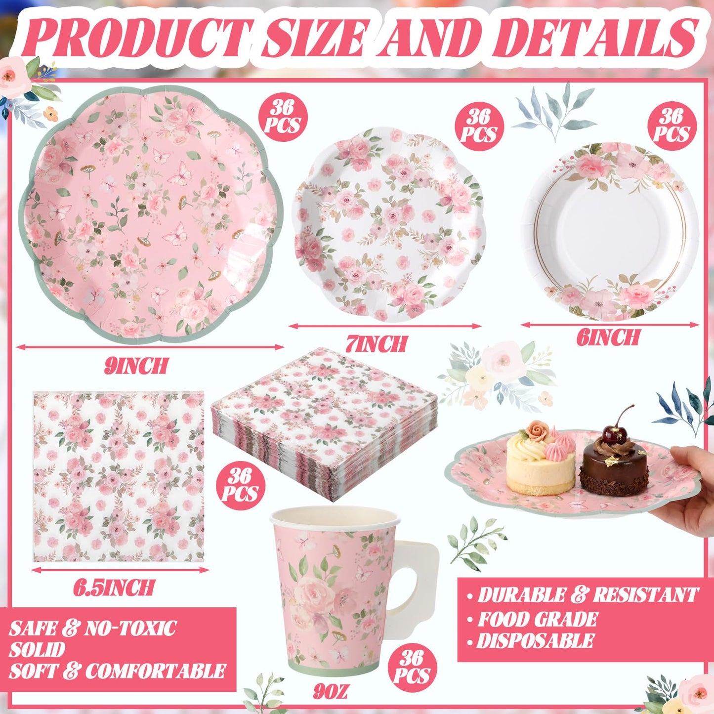 Pickmesh 252 Pcs Pink Floral Tea Party Supplies for 36 Guests Pink Floral Paper Disposable Dinnerware Flower Teacups with Handle and Saucers Set for Tea Party Decorations Birthday Wedding