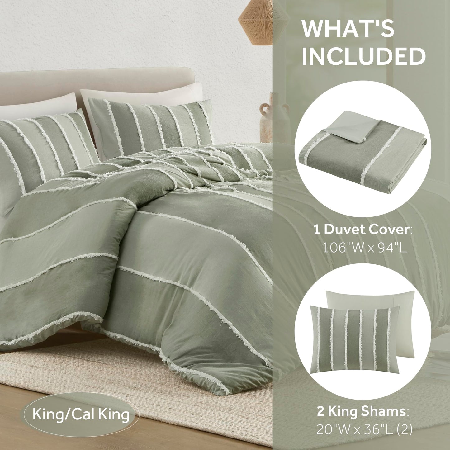 INK+IVY King Duvet Cover Set Boho Duvet Covers Stripes, Clipped Jacquard, Cotton Duvet Cover for King Size Bed, All Season Lightweight King Bedding Cover & Shams, Shay, King/Cal King, Sage 3 Piece