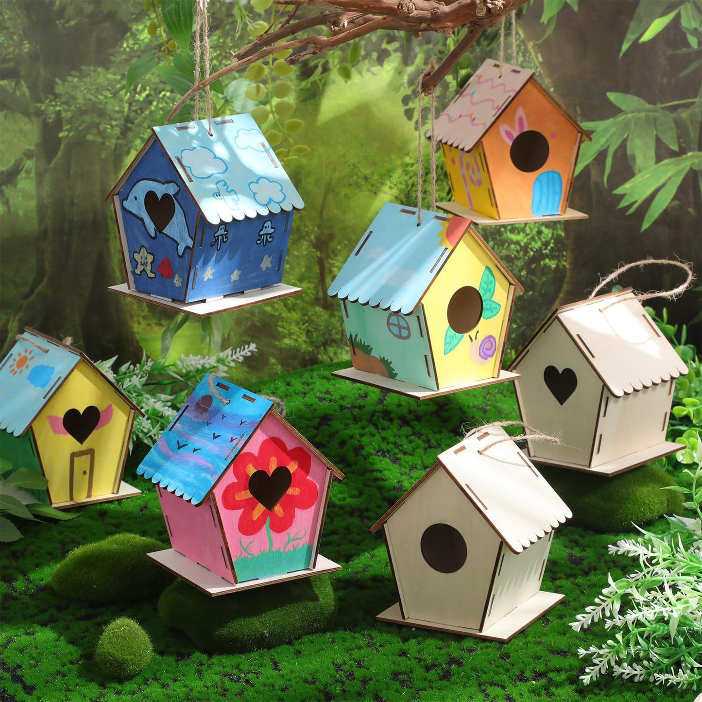DoubleFill 12 Pack Wooden Bird Houses Bulk for Kids Crafts Bird House DIY Unfinished Wood Birdhouse Kit Wood Painting Kit to Build and Paint Unpainted Birdhouses for Children Gift DIY Art Activity