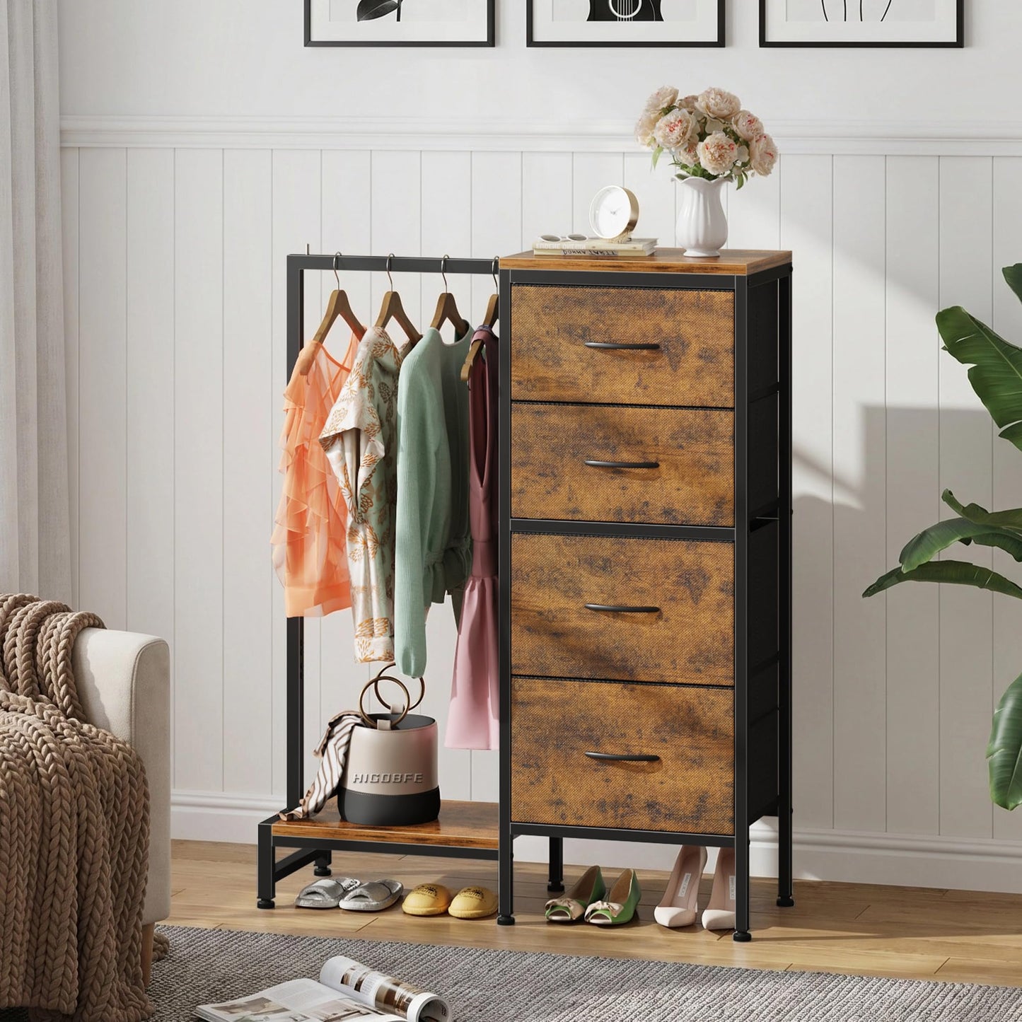 HIGDBFE Dresser with Hanging Rack, 4 Drawers Small Closet for Bedroom, Reversible Fabric Kids Chest of Drawers with Clothes Rack, Tall Storage Tower, Sturdy Frame, Rustic Brown, 44''H