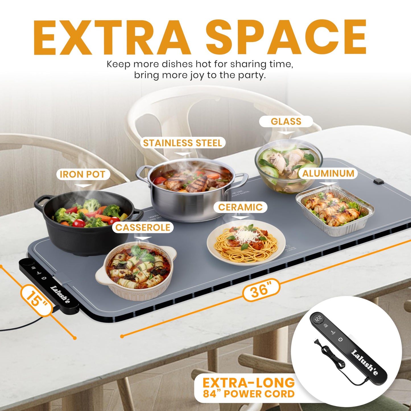 Lalush'e Electric Food Warming Mat, XXL 36x15" - Portable Food Warmer for Parties, Hosting & Buffet Serving Foldable Graphene Heating Tray with 7 Temp Settings, Spoon Rest and Travel Isolation Pad