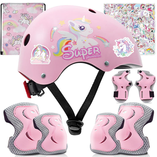 Kqpoinw Adjustable Kids Bike Helmet Set with Knee, Elbow and Wrist Pads, Toddler Helmet for Ages 3-5-8-14 Boys Girls, Protective Gear Set for Ages 3-14 Kids & Youth, for Bikes Skateboards Rollerskates