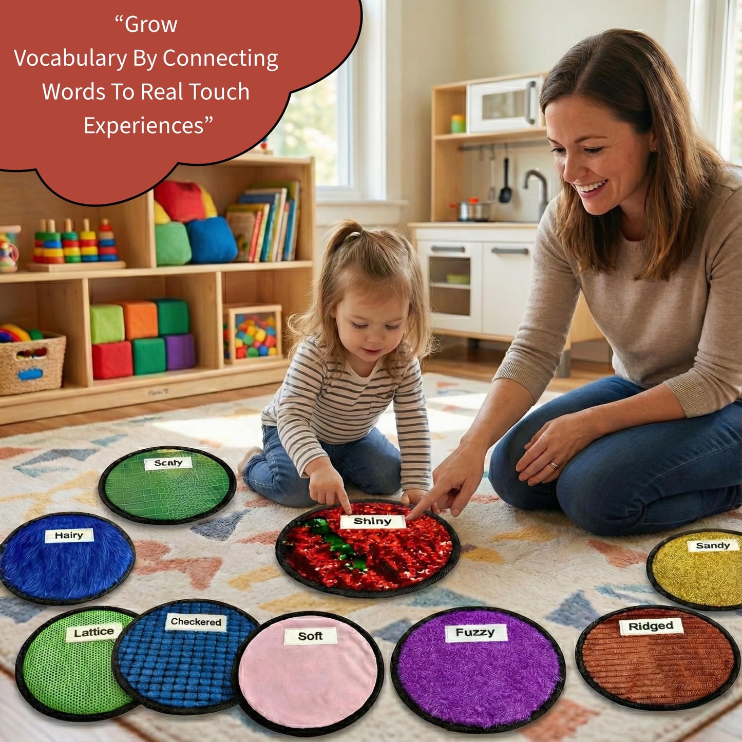 12 Labeled Sensory Mats & Lesson Plans - Sensory Toys for Kids with Autism - Fidgeting Toys for Autistic Children – Hanging Loops to Hang Mats Wall - Gift Ready Box, Storage Bag & Booklet with QR code