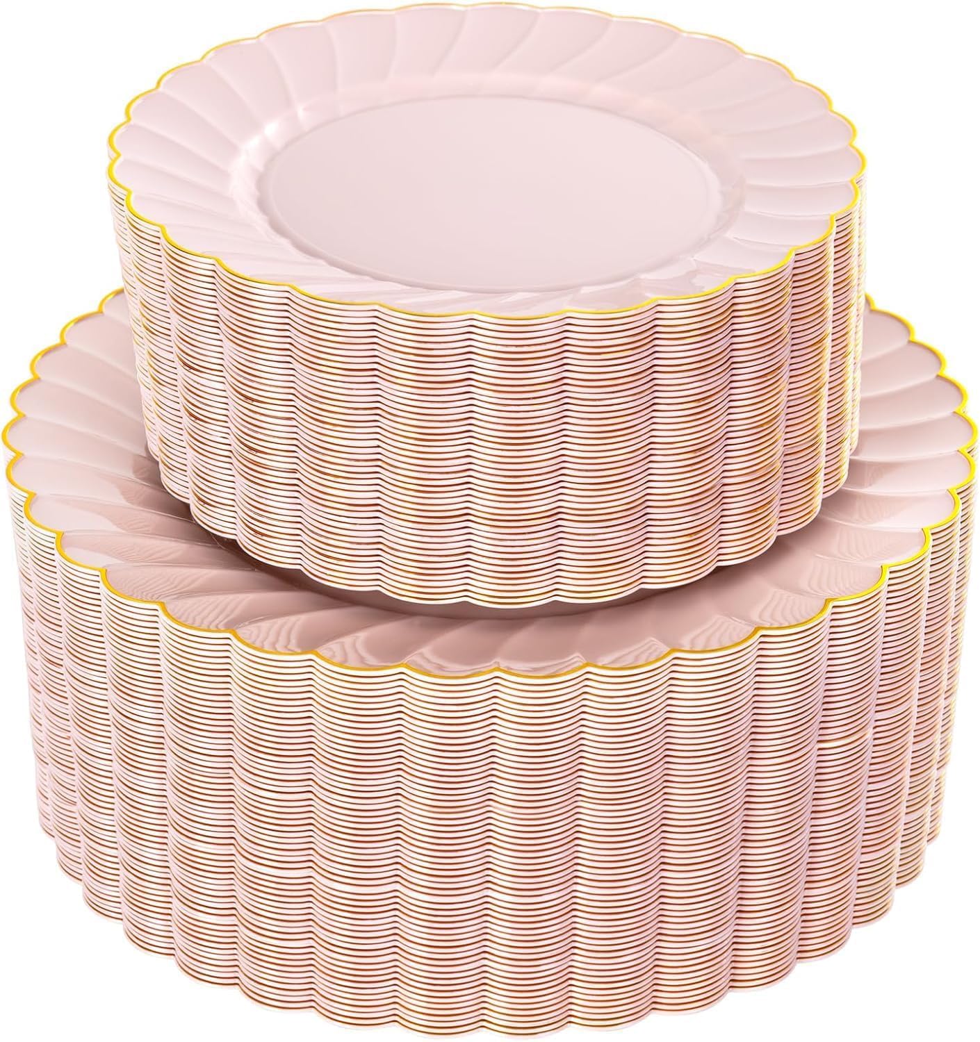 YOUBET 100PCS Pink Scalloped Plastic Plates - Heavy Duty Gold Disposable Fancy Hard Plates Include 50 Dinner Plate, 50 Dessert Plate, for Wedding & Party