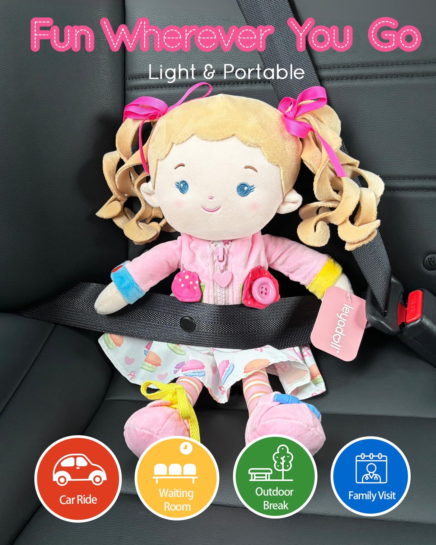 LeyaDoll Soft Bady Educational Soft Baby Doll(16''), Learning Sensory Doll for Toddlers, Montessori Toys for 2-Year-Old Girls Christmas, Birthday Gifts, Plush Toy with Button-Busy Cupcake-Girl