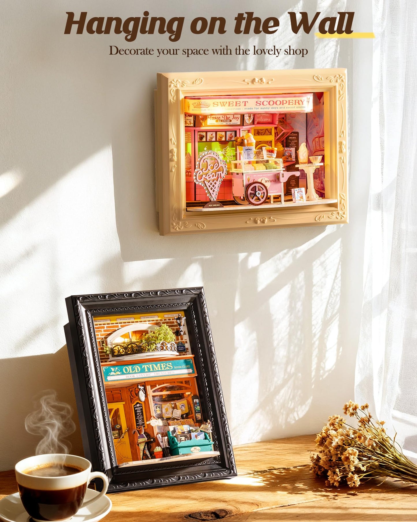 Rolife DIY Miniature House Kit Creative Frame 3D Wall-Mountable Dollhouse Mini Room Building Set Holiday Home Decor Craft for Adults (Old Times Bookstore)