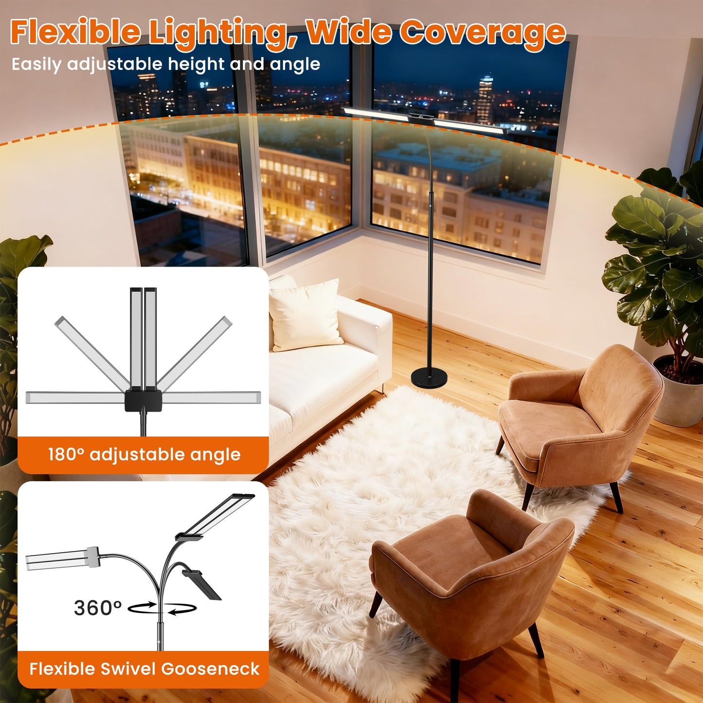 Cordless Floor Lamp Rechargeable LED - Battery Operated 8000mAh, Dual Head Gooseneck Reading Light with Touch Control, IP54 Waterproof Portable Floor Lamp for Living Room Bedroom Outdoor Emergency