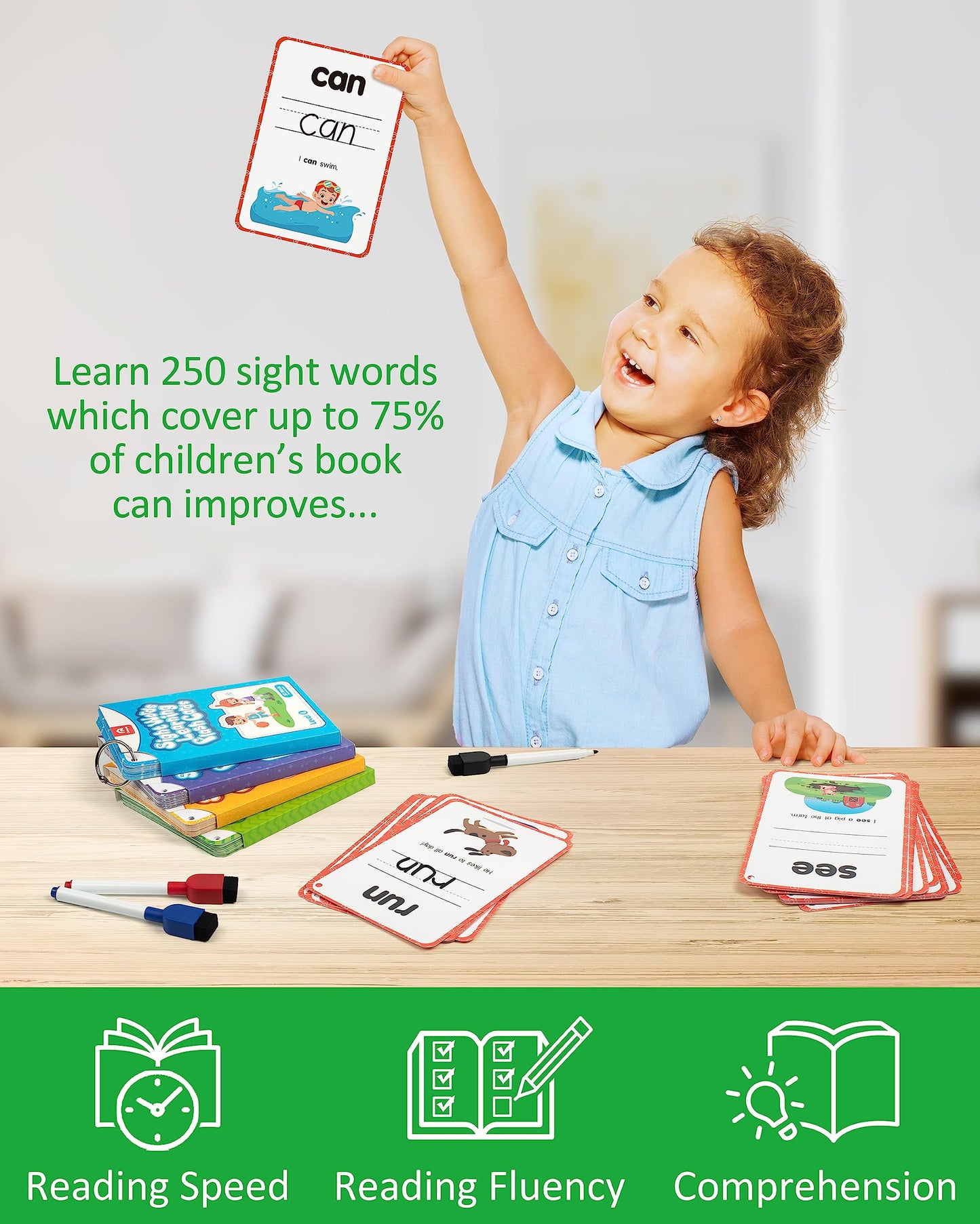 Coogam Sight Words Kids Learning Flash Cards, 250 Dolch Word Game Reading Vocabulary Card Montessori Toy for Kindergarten Preschool Kids