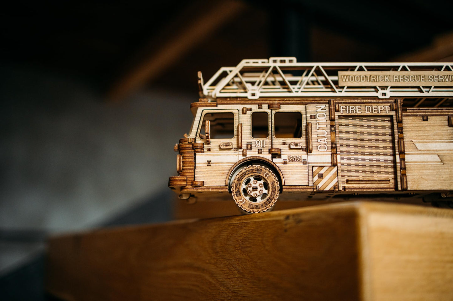 Wood Trick Rescue Firetruck Movable - Rotating Extendable Ladder - 3D Wooden Puzzles for Adults and Kids to Build - Rides up to 20 ft - Wooden Models Engineering DIY Project Mechanical Model Kit