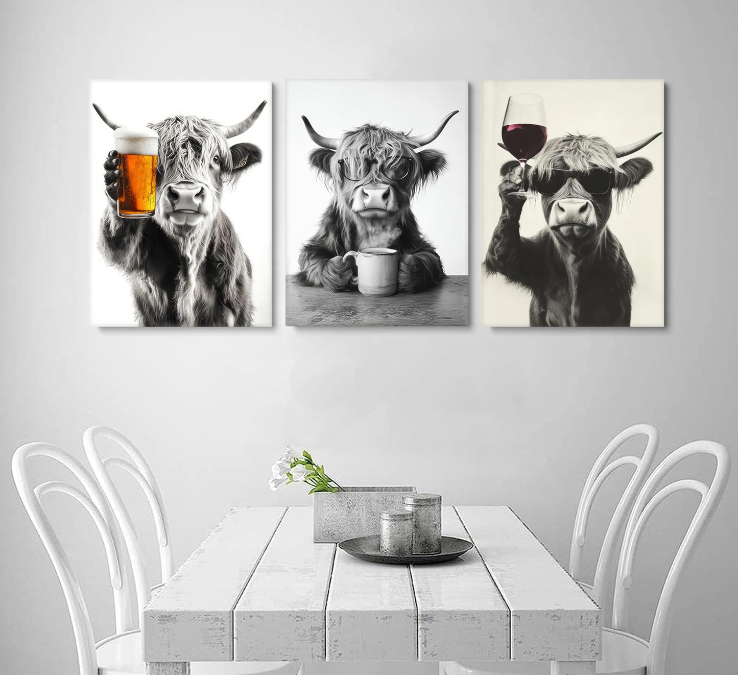 KKP Funny Highland Cow Wall Art Set of 3 - Canvas Prints Farmhouse Rustic Kitchen, Bar Cart & Dining Room Decor - Animal Lovers Home Decoration, Ready to Hang Gallery Wall Art