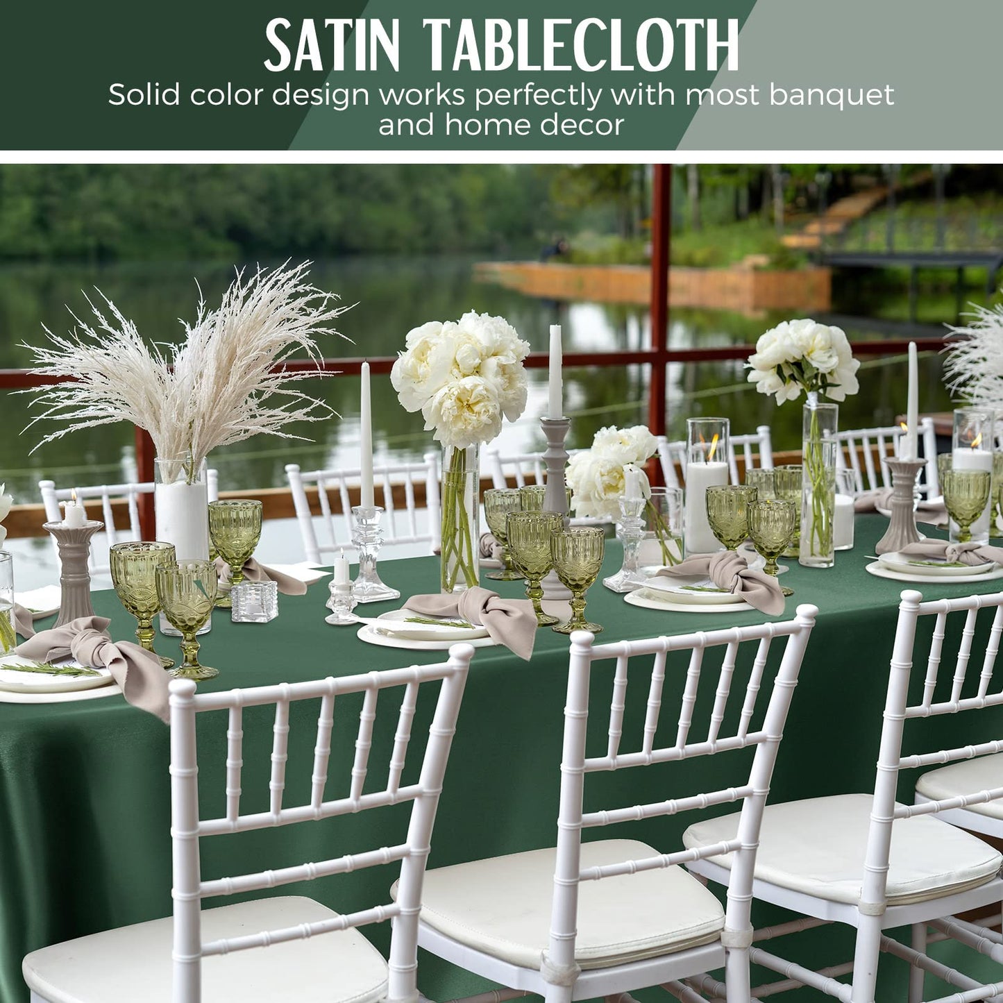 Lounsweer 8 Packs Satin Tablecloth 102 x 58 Inches Rectangle Table Cover Silk Smooth Fabric Party Table Cloth for Rectangle Parties, Holiday Dinner Wedding Banquet Decoration(Dark Green)