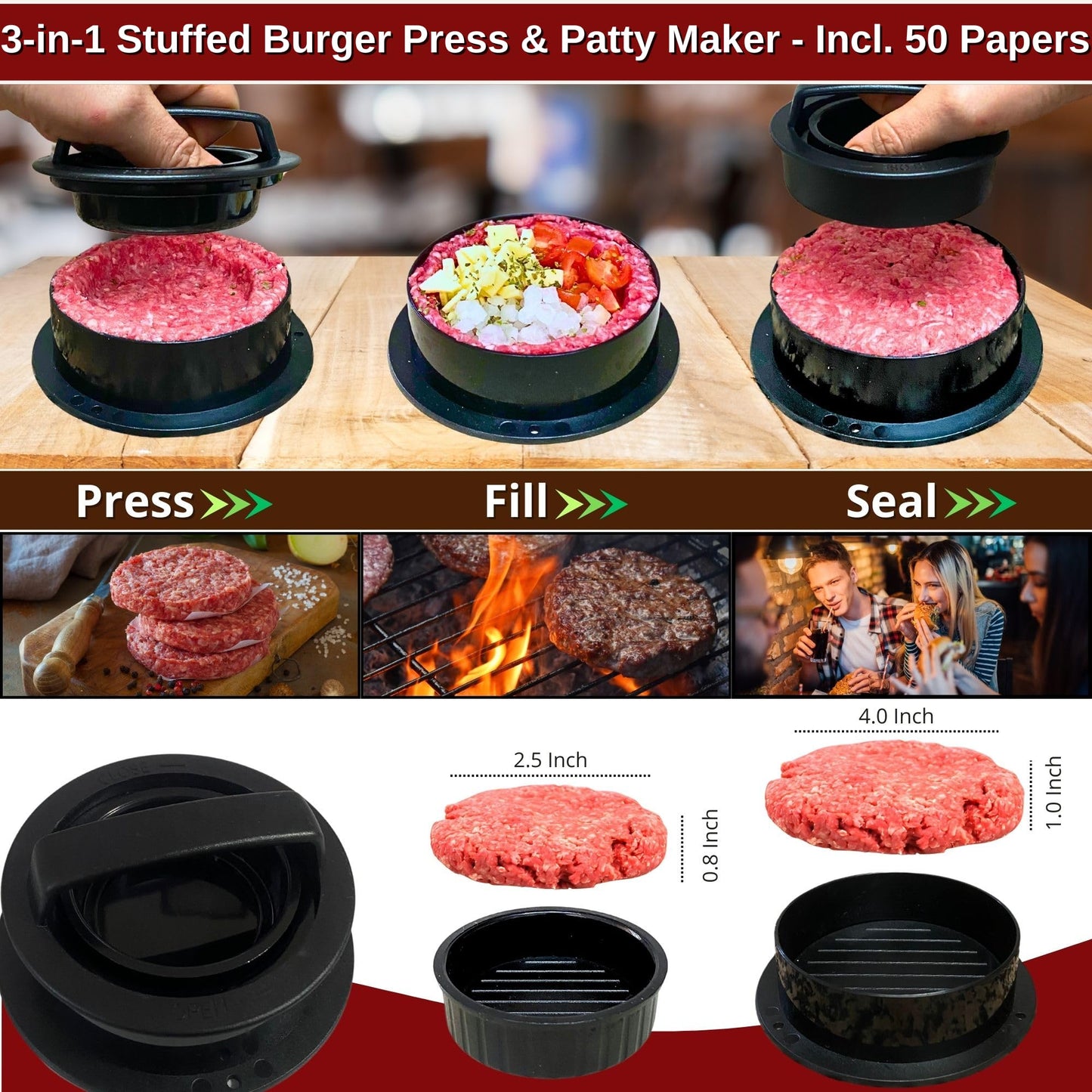 Gamalou® Smash Burger Press Kit: 7" Cast Iron Grill Press, 12" Melting Dome, 3-in-1 Patty Maker, 4.3" Spatula & 4" Scraper, Griddle Accessories for Blackstone, Grills, Flat Top, BBQ, Fry Pan