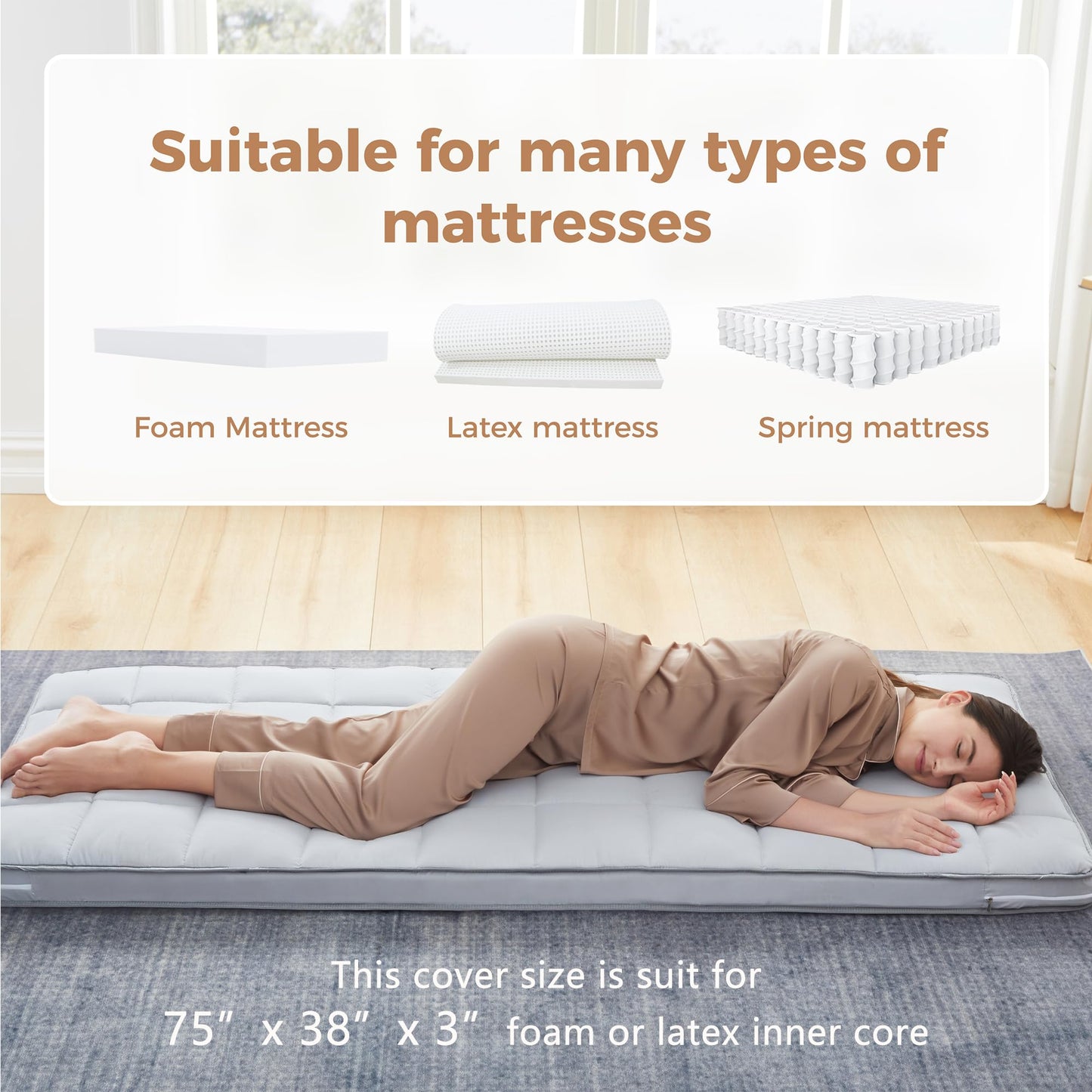 Jamdok 3Inch Twin Mattress Topper Cover(Only Cover),Cot Mattress Protector Bedding,Foam and Latex Mattress Cover with Zipper,Pillow Top and Bottom(75 x 38”) Gray