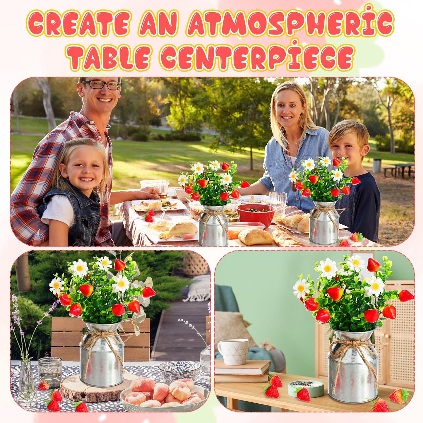 6 Sets Summer Strawberry Centerpieces for Tables Artificial Strawberry Daisy Plants with Vase and Fake Strawberries Berry Farmhouse Sweet Baby Shower Decor for Home Party Wedding Kitchen