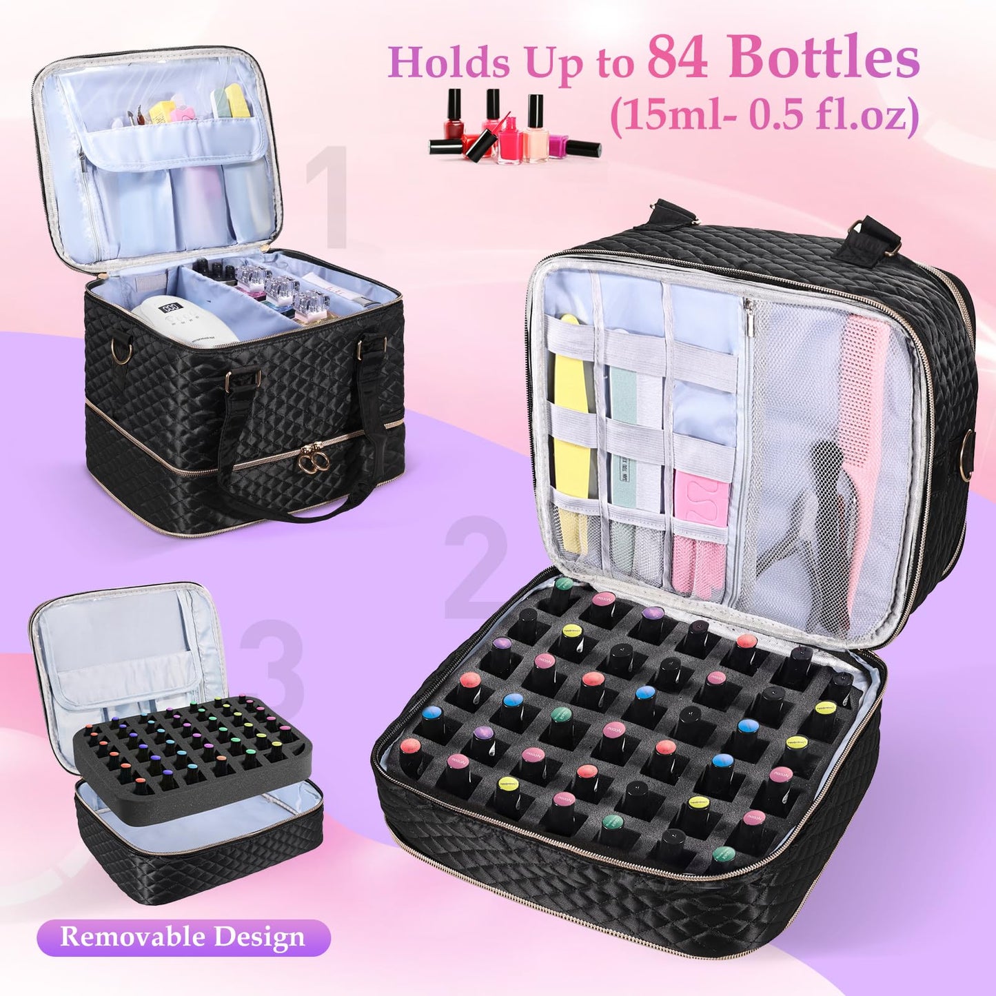 YUYAFN Nail Polish Organizer Case - Holds 84 Bottles Nail Polish & Nail Lamp Large Nail Polish Organizer Bag for Manicure Tools, Nail Polish Kit (Black)