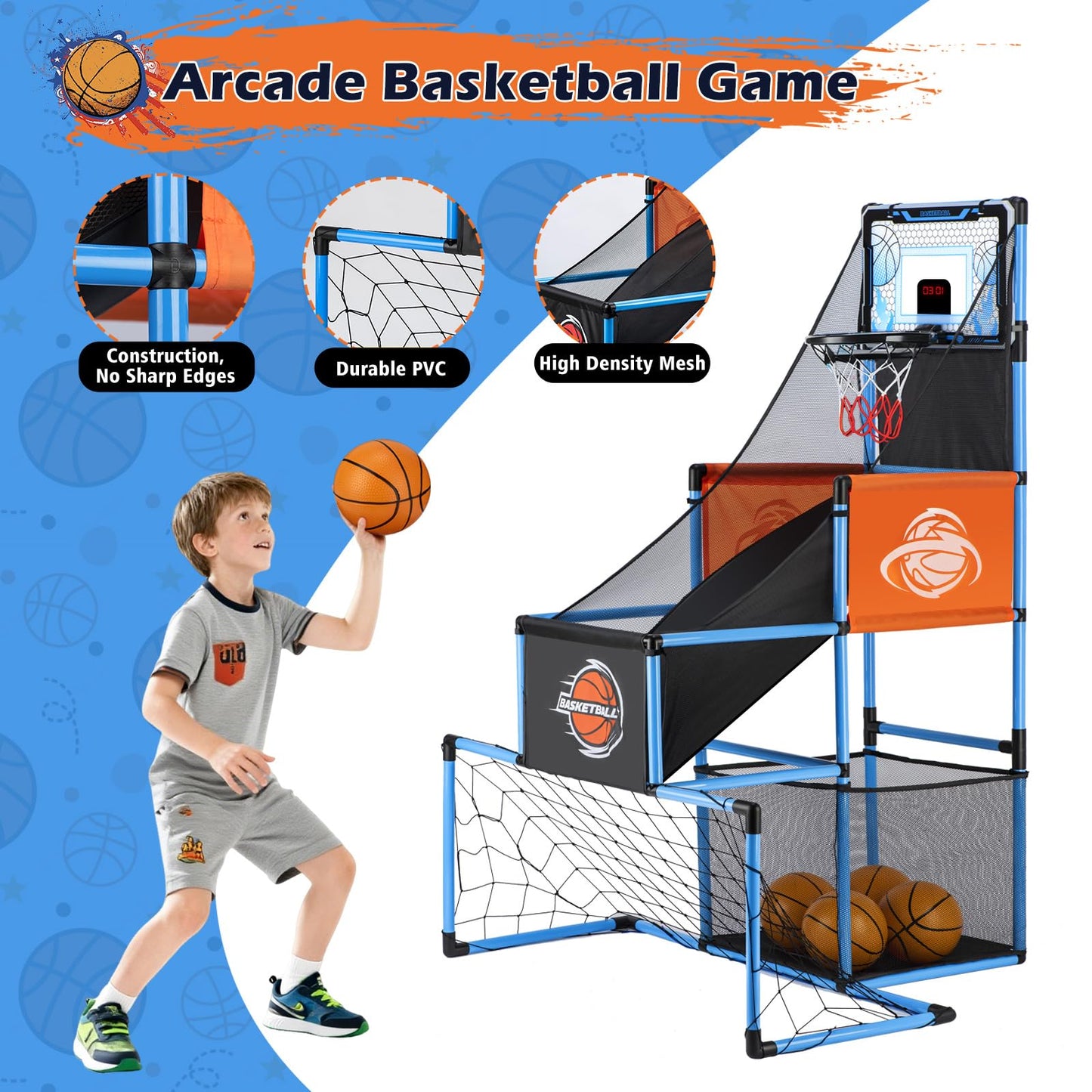 2 in 1 Basketball Arcade Game & Soccer Goal for Kids, Adjustable Kid Basketball Hoop with 6 Balls and Pump, Indoor Outdoor Games for Kid Toys for 3-12 Year Old Kids Birthday Gifts for Boys Girls