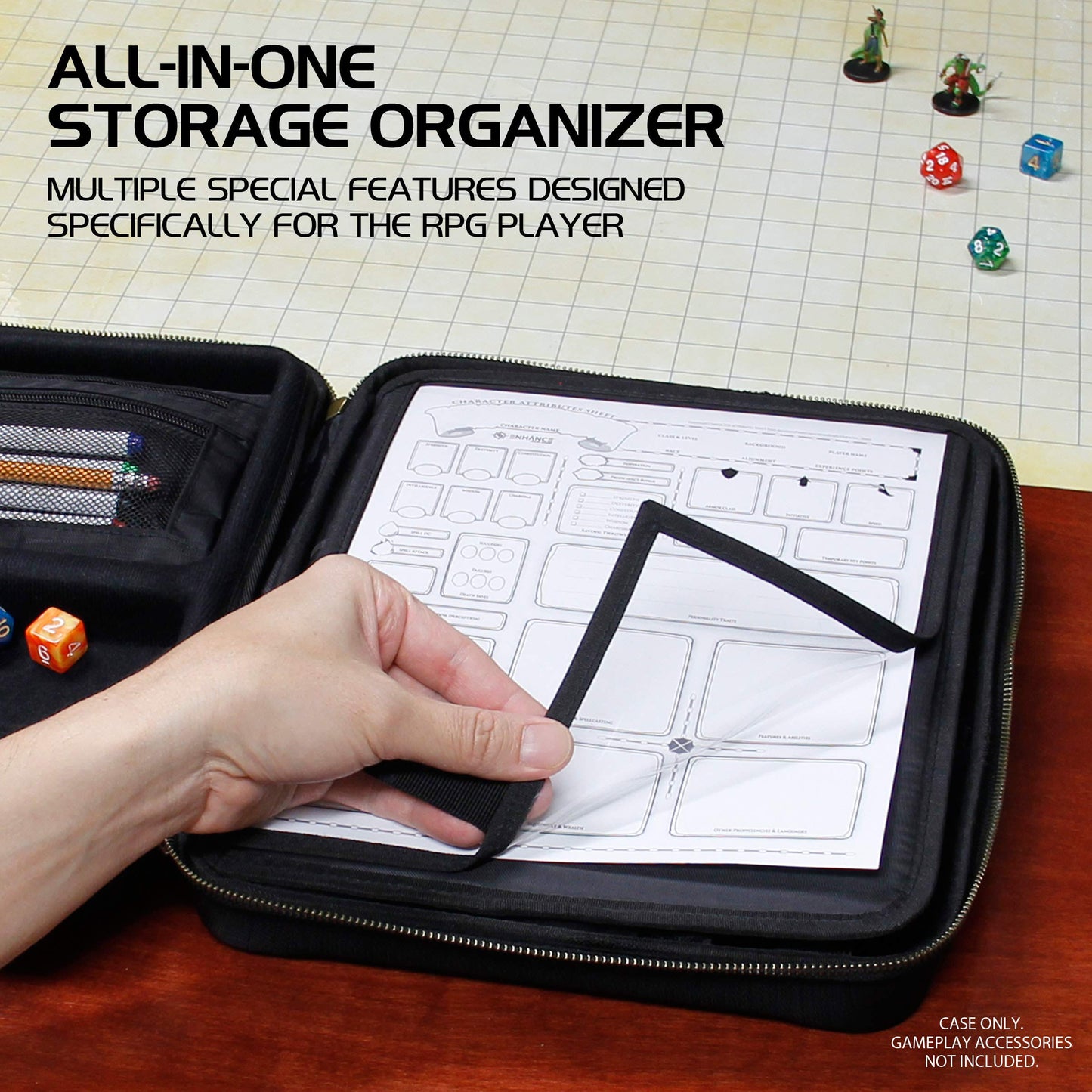 ENHANCE RPG Organizer Case - DND Binder with Built-in Character Sheet Holder and Erasable Scribe Panel, Dice Rolling Area, Removable Pen Pouch, Miniature Foam Tray, Wrist Strap, and More (Black)