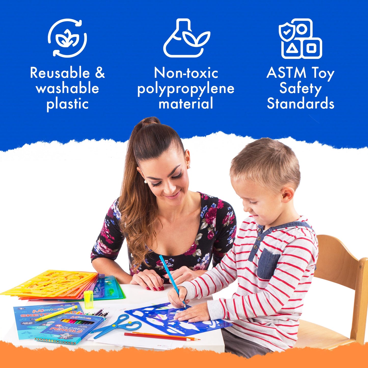 Mimtom Drawing Stencil Kit for Kids | 51 PC Arts and Crafts Stencil Set with over 240 Creative Shapes to Unleash Your Child's World of Imagination | Kid-Safe Fun Activity Toy for Ages 4 and Up