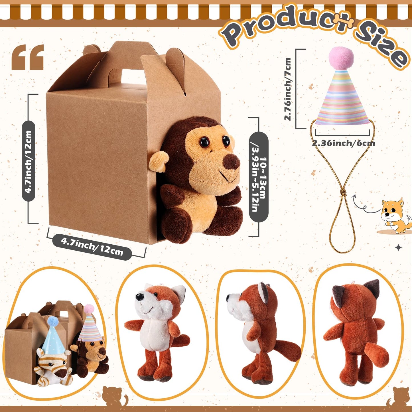 Seenelling 48 Pcs Mini Safari Plush Animals Set Forest Stuffed Toys Adopt a Pet Party Favors Jungle Animal Plush Toys with Birthday Hats Paper Boxes for Animal Theme Favor Birthday Party Gift