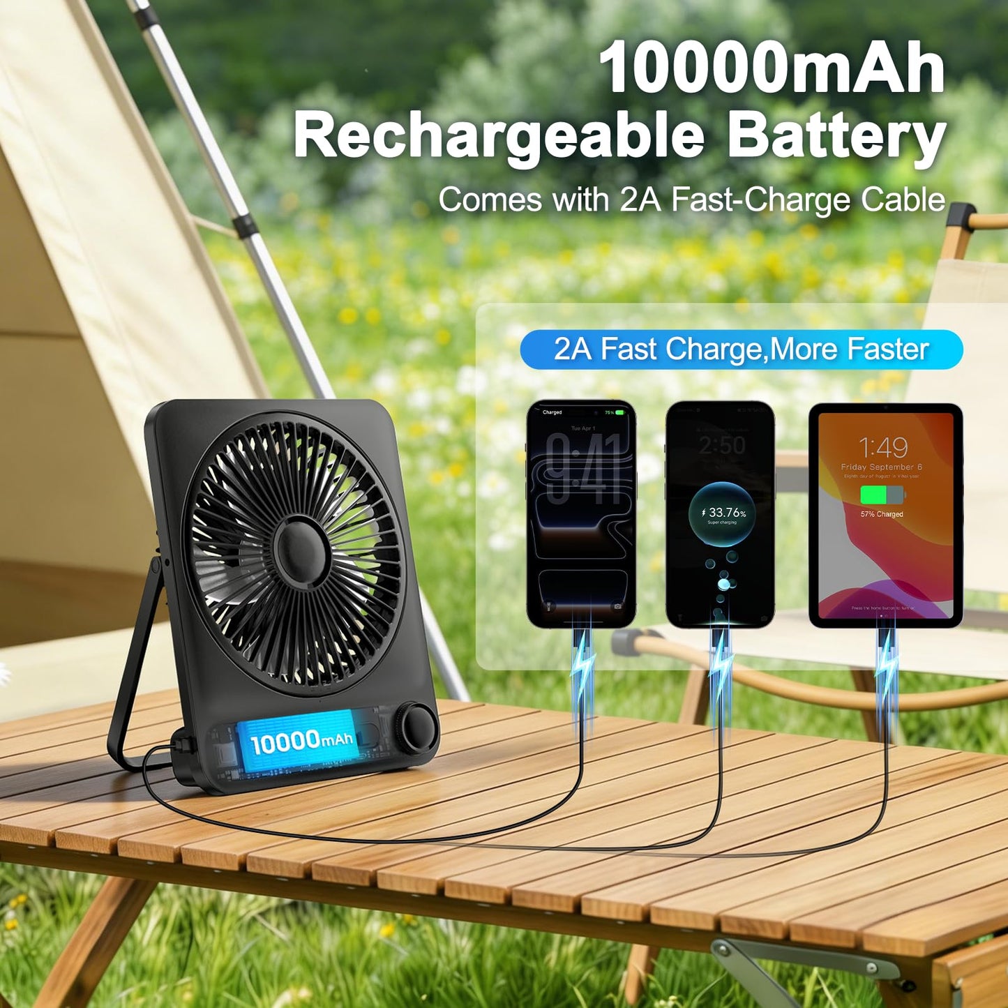 WHATOOK Large Travel Desk Fan: 10000mAh Battery 40 Hours Runtime Silent Rechargeable Fans, Quite Personal Portable Fan for Camping Bedroom Office Small Desktop fan (8.3 * 7.1inch Black) (Black)