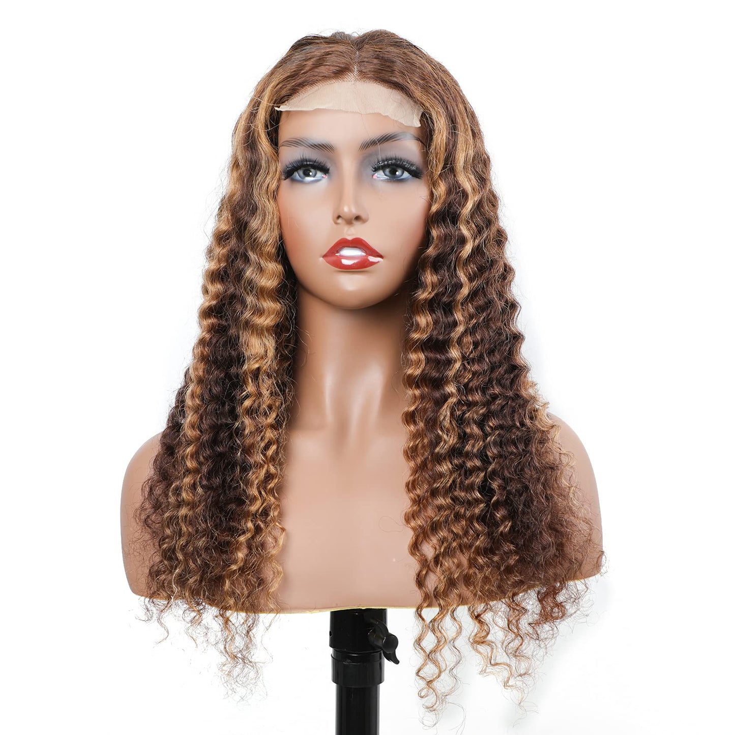 BLY Highlight Human Hair Lace Front Wigs Deep Wave #4/27 Ombre Colored Glueless Wigs Pre Plucked 16 Inch 4x4 Transparent Curly Water Wave Lace Wig Honey Blonde Real Human Hair 180% Density
