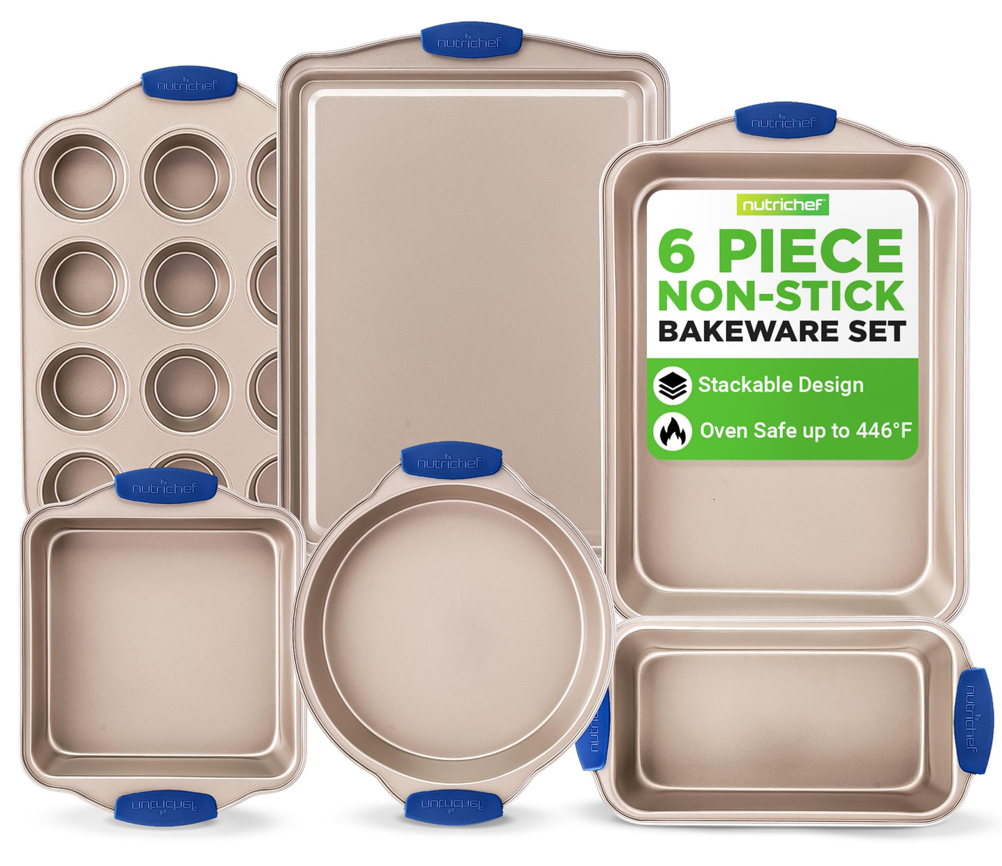 NutriChef 6-Piece Nonstick Bakeware Set - Premium Carbon Steel Baking Trays w/Heat-Safe Silicone Handles - Includes Loaf Pan, Muffin/Cupcake Pan, Round & Square Roaster Pans, Cookie Sheet - NCSBSG36