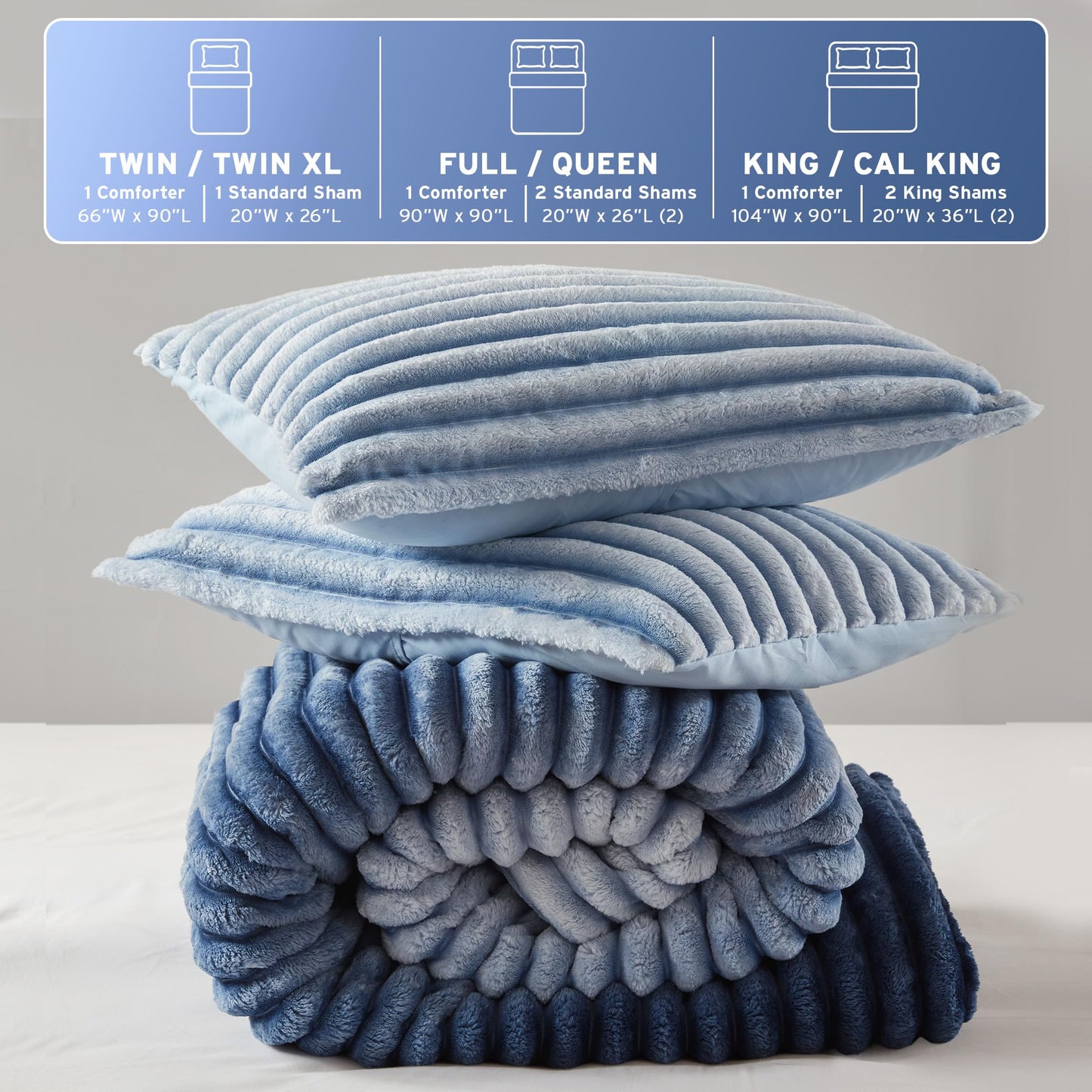 Intelligent Design Queen Comforter Set, Plush Bedding, Microfiber Reverse, 3 Piece, Lightweight, Super Soft Ribbed Velvet Comforter 2 Shams, All Season Fluffy Bed Set, Avril, Full/Queen Blue Ombre