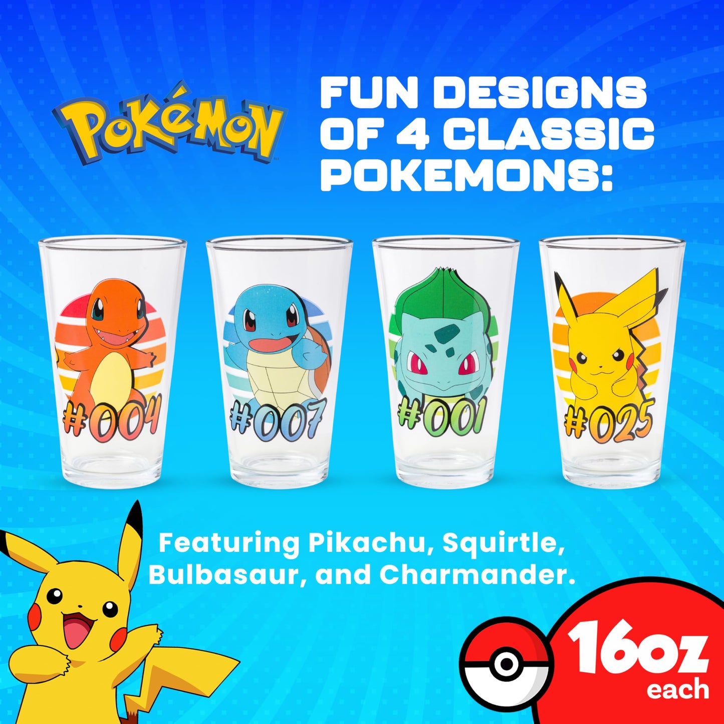 Silver Buffalo Pokemon Original Starters Feautirng Charmander, Squirtle, Bulbasaur, and Pikachu 4 Pack Pint Glass Set, 16 Ounces