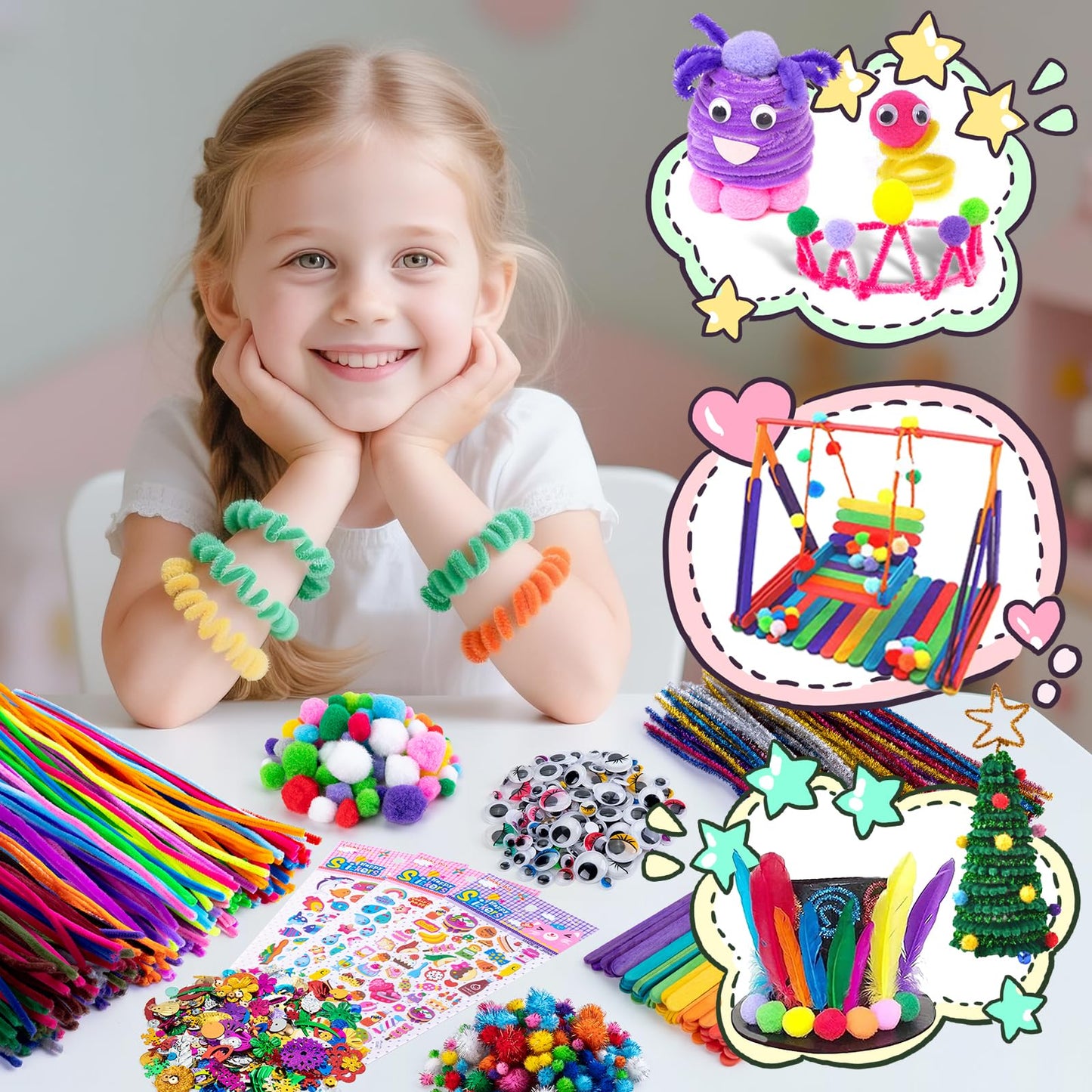 Sundaymot Kids Arts and Crafts Set with Pipe Cleaners, Pom Poms, Googly Eyes, Feathers, Craft Sticks, Glitter Paper, and Stickers