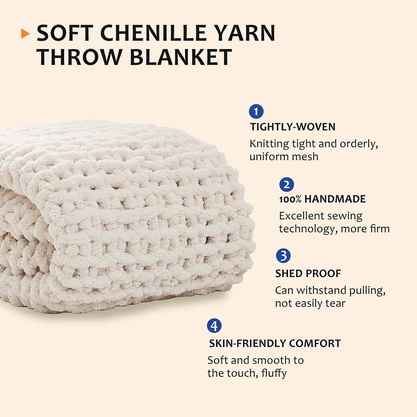 L'AGRATY Chunky Knit Blanket - Soft Chunky Throw 60x80 inches: 100% Hand Kintted Chenile Crochet Throw for Couch - Large Cable Knit Blanket for Home Decor (Ivory)