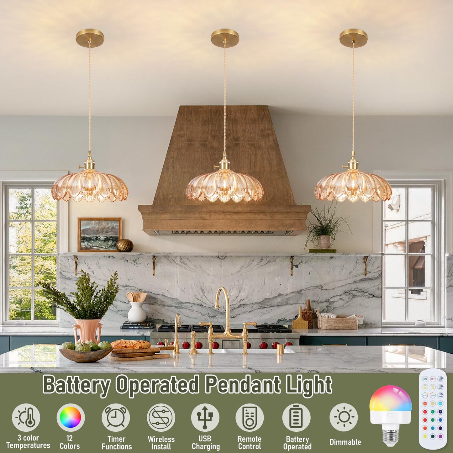 Loiogohot Battery Operated Pendant Light,Vintage Light Fixtures 2500mAh 9.8in RGB Light Bulb with Remote Control Wireless Adjustable Rechargeable Chandelier for Kitchen Island Hallway 1Light