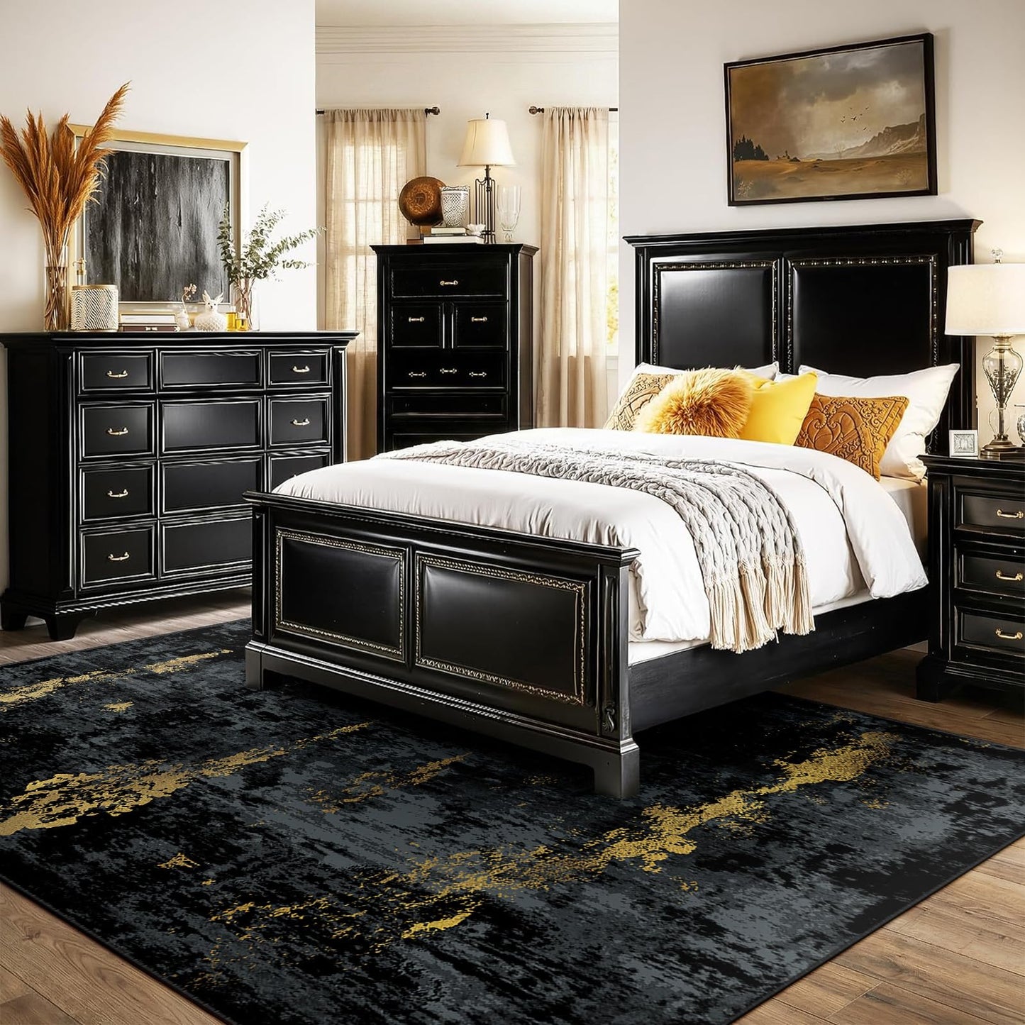 RELEANY Washable Area Rugs 5'x7' Non-Slip Modern Abstract Soft for Living Room Entryway Bedroom Kitchen, Print Pattern, Dark Black Gold