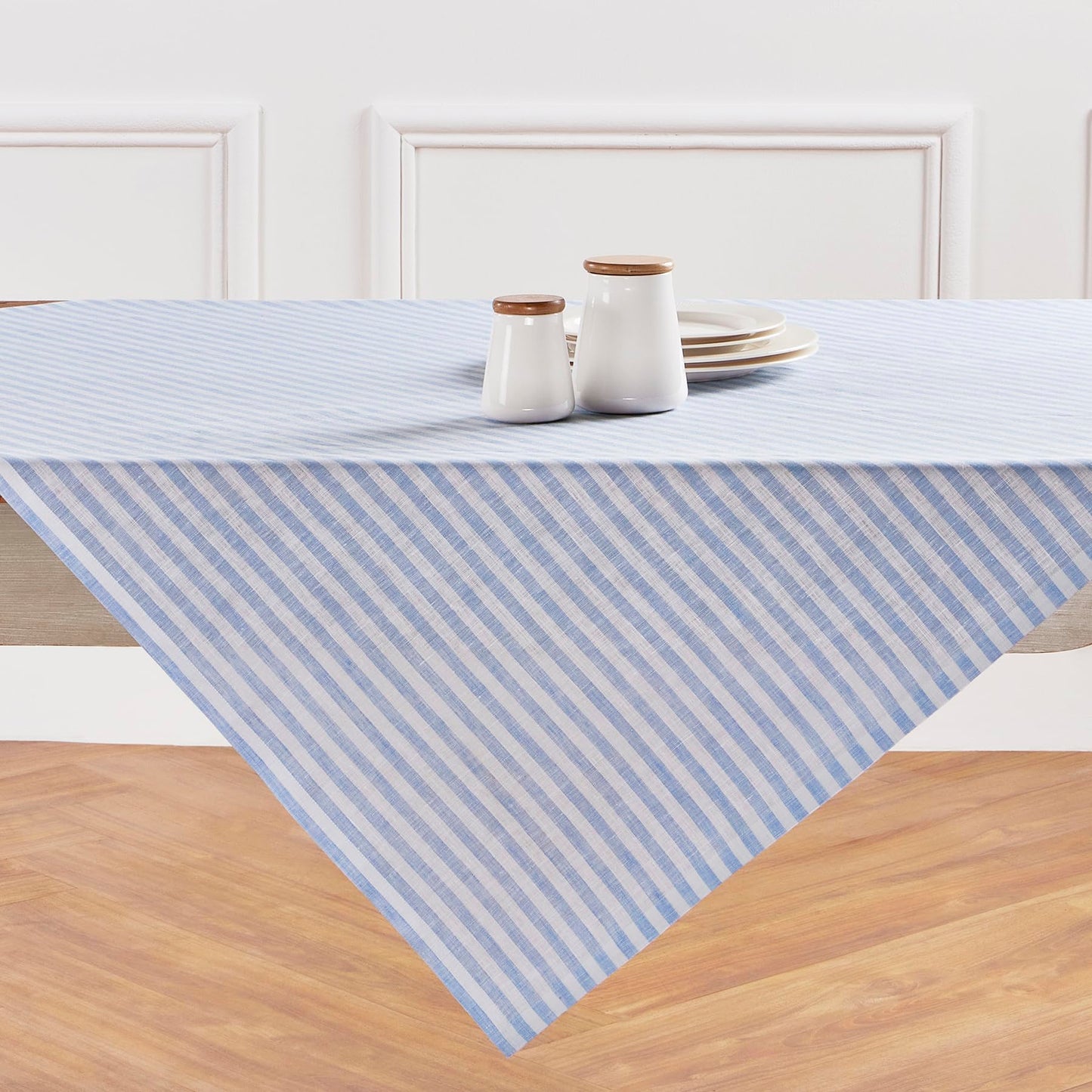 Solino Home Linen Square Tablecloth 52 x 52 Inch - Amalfi Stripe, 100% Pure Linen Sky Blue and White Table Throw - Machine Washable Tablecloth for Summer