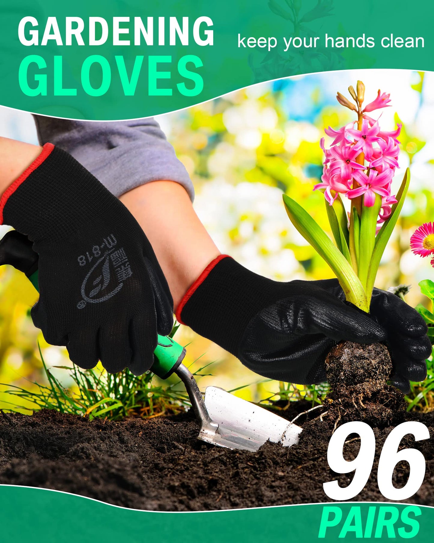 Thenshop 96 Pairs Gloves for Work Men Women Rubber Coated Garden Gloves for Gardening Safety Work Construction(Black)