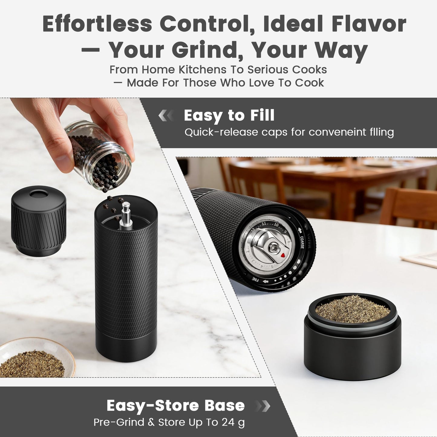 Heavy Duty Manual Pepper Grinder & Spice Mill – Adjustable, Refillable, Stainless Steel & Aluminum, High Output for Black Pepper, White Pepper, Chili, and Thyme, Home, Restaurant & Gourmet Kitchen