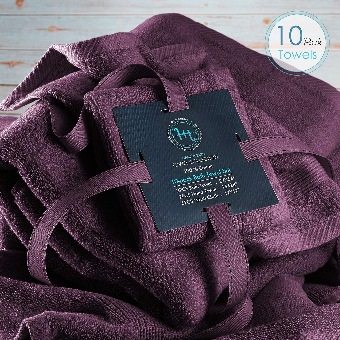 Hearth & Harbor Bath Towels for Bathroom - 100% Ring Spun Cotton Luxury Bathroom Towels - Ultra Soft & Highly Absorbent, Bath Towels Set of 10 - Purple Eggplant