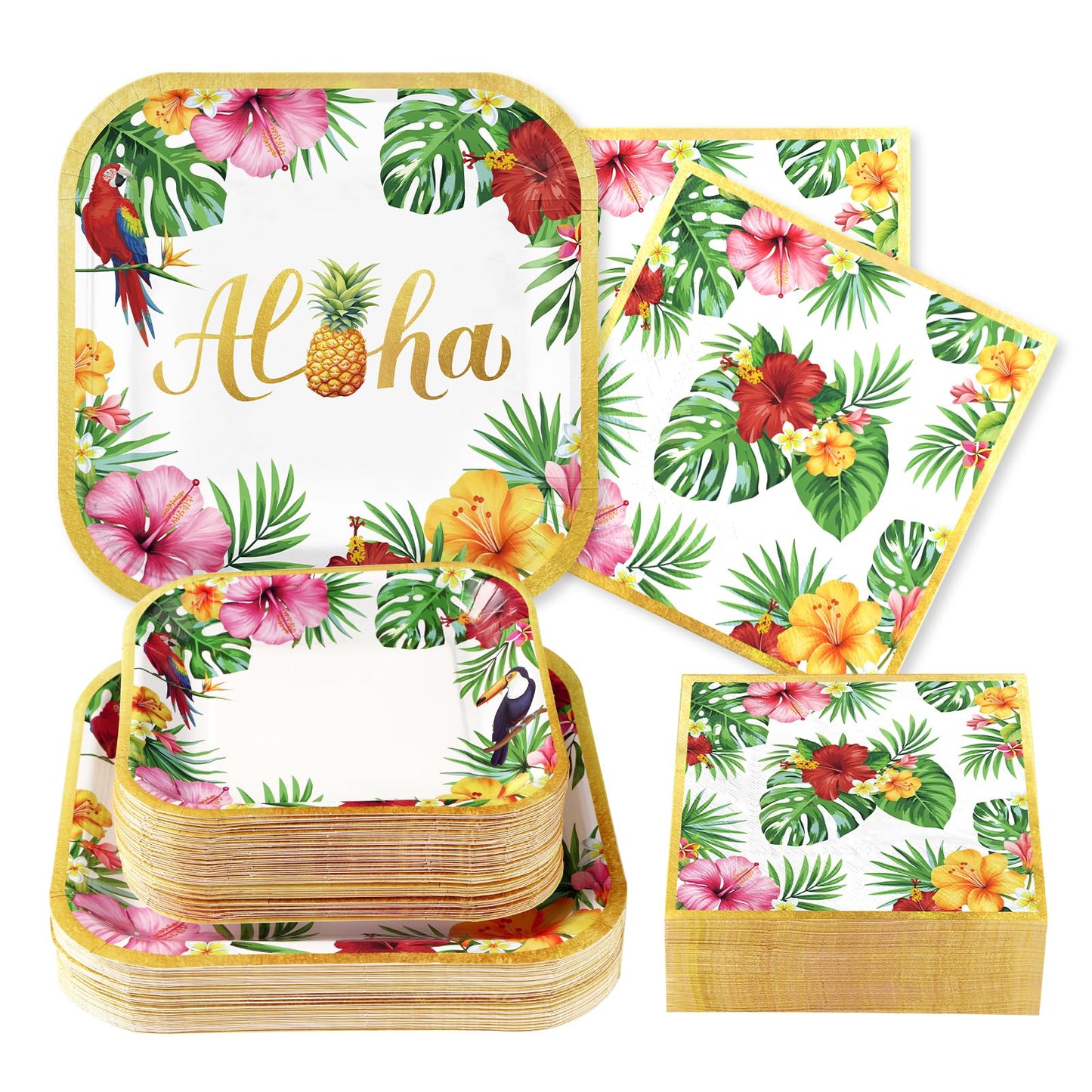 200Pcs Hawaiian Luau Party Decorations Aloha Tropical Hibiscus Floral Luau Plates and Napkins Hawaii Palm Leaf Tableware Set for Summer Hawaiian Graduation Birthday BBQ Beach Party Supplies Serve 50