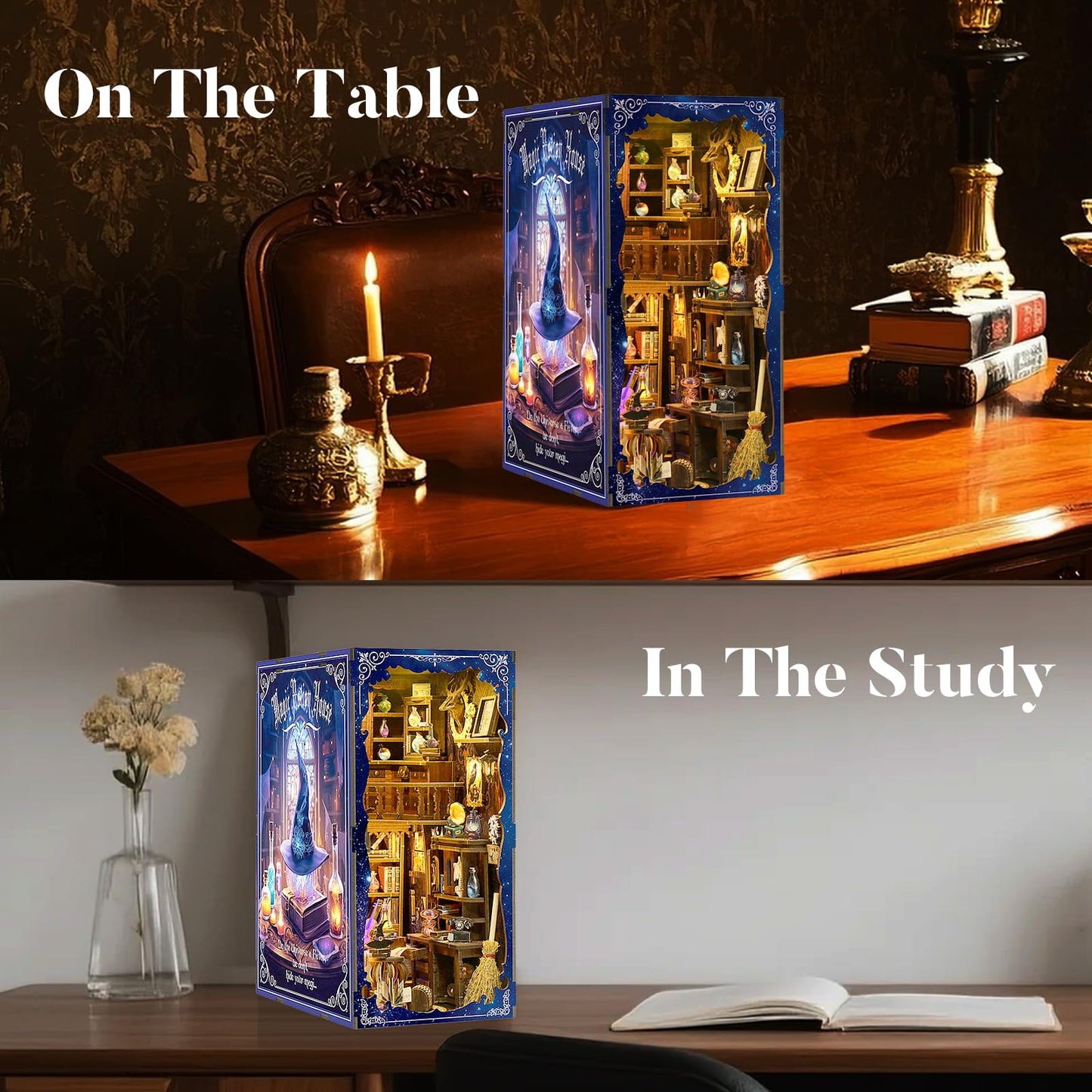 DIY Book Nook Kit for Adults, 3D Wooden Puzzle Bookshelf Insert Decor with LED Light & Stickers, Dust Cover,Miniature House Craft Gifts for Family,Friends and Book Lovers（Magic Potion House）