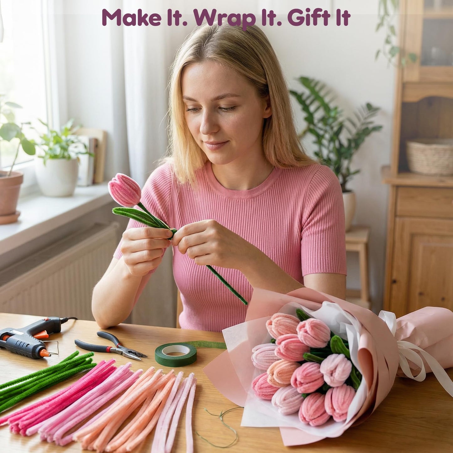 EARLY MINDS 800Pcs Pipe Cleaner Flower Bouquet Kit, 8 Colors Romantic Pink Chenille Stems Craft Set with Floral Tape, Flower Stems, Gift Wrap & More, DIY Bouquet Gift for Adults