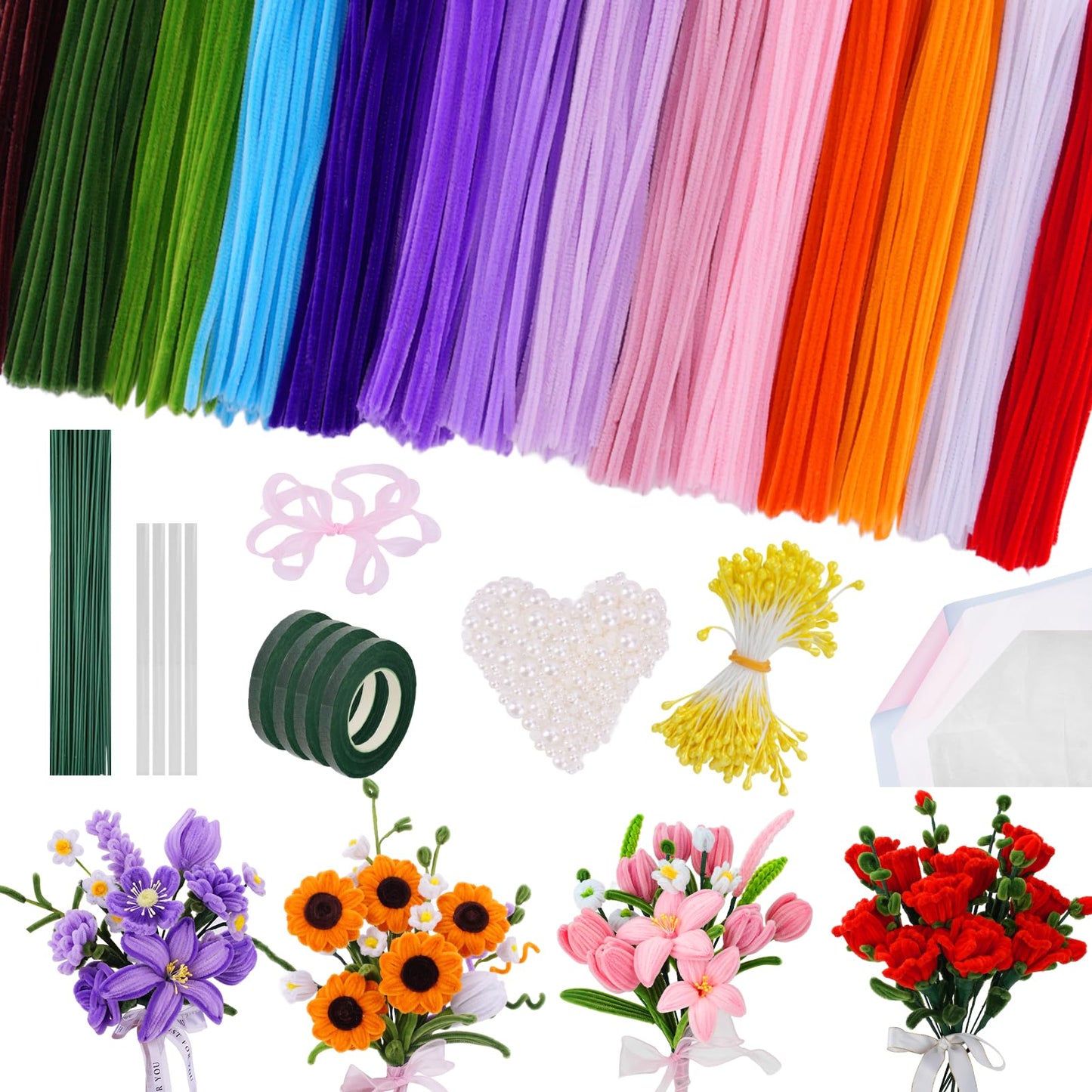 900 PCS Pipe Cleaners Craft, Pipe Cleaners Flowers Kit with Handle,14 Colors Chenille Stems with Instruction, Art and Craft Supplies