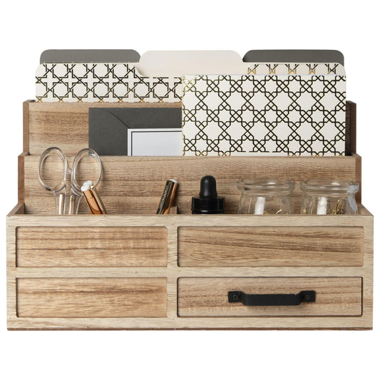 BLU MONACO | Natural Wood Mail Organizer with Drawer & Pen Holder | Rustic Desk Organizer for Bills, Letters & Countertop Storage | Wooden Desktop Mail Sorter for Home & Kitchen