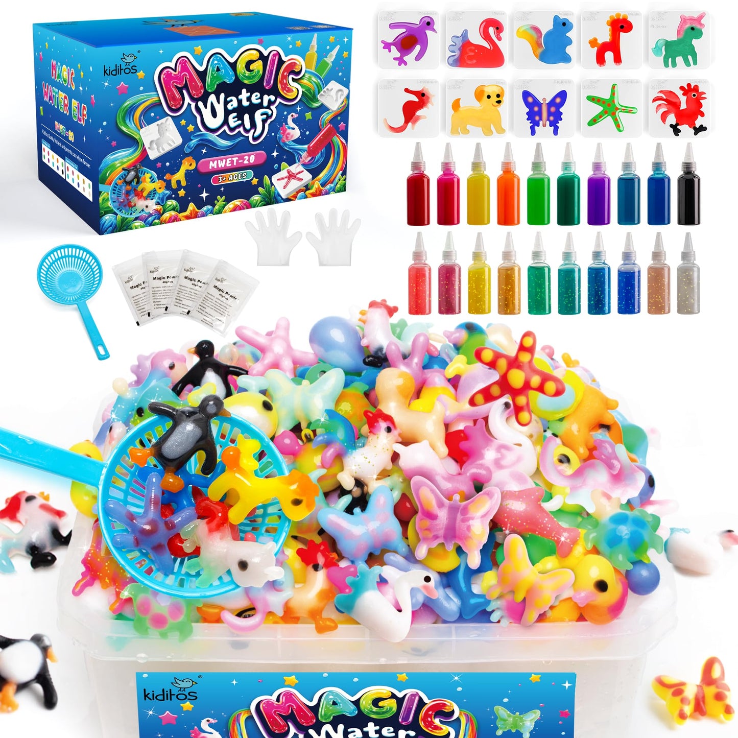 Kiditos Magic Water Elf Toy Kit–Squishies for Kids, 20 Gels & 10 Molds, Magic Gel Water Pets Sensory Toy, Fun DIY Craft Kit, Party Favors, Birthday & Christmas Gifts for Kids Ages 3+
