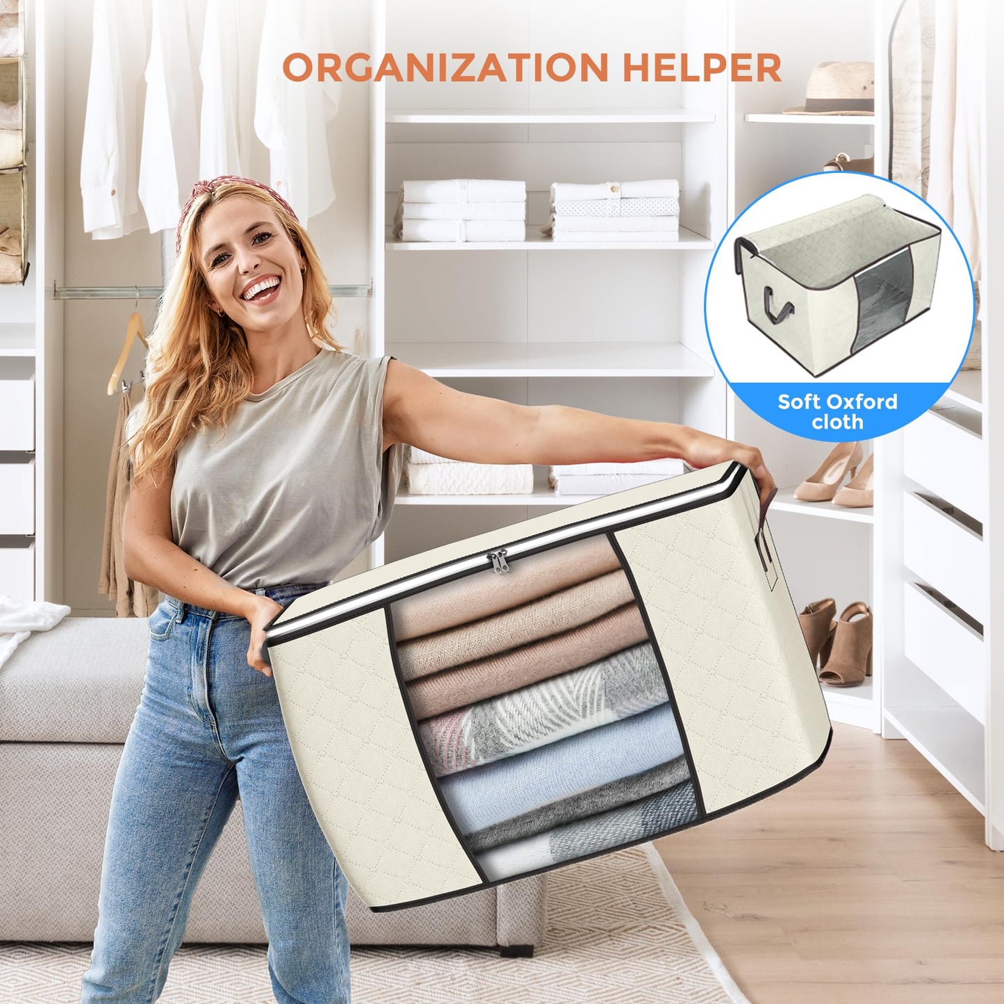 90 L Large Storage Bags, 6 Pack Clothes Storage Bins Foldable Closet Organizers Storage Containers with Reinforced Handle for Clothing, Blanket, Comforters, Bed Sheets, Pillows and Toys (Beige)