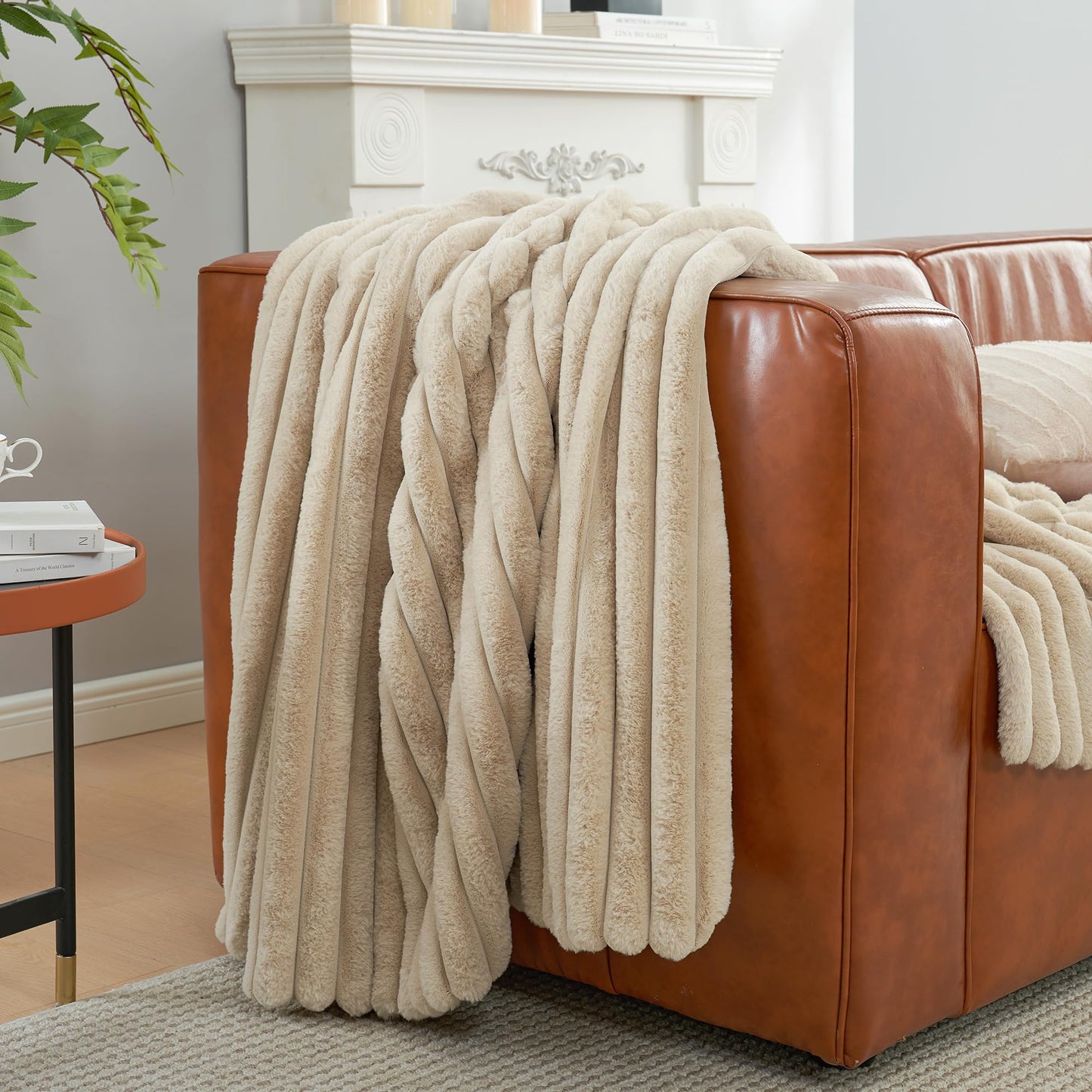 Amélie Home Faux Fur Throw Blanket for Couch, Cozy Fuzzy Fluffy Fur Luxurious Soft Striped Plush Gift Blankets for Family Sofa Chair, 60"x80", Beige