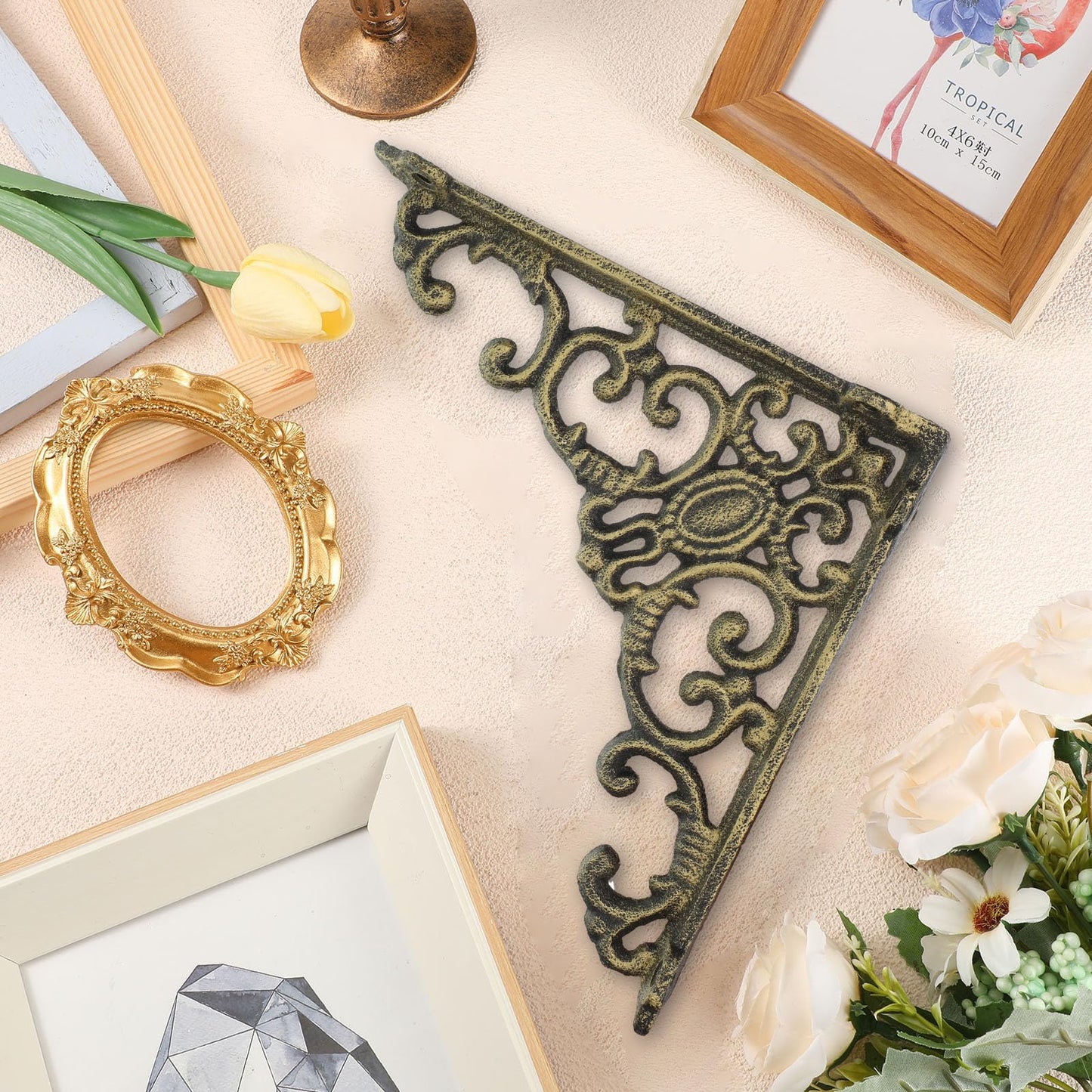 Lounsweer 8 Pcs Heavy Duty Antique Brass Shelf Brackets 8'' Wall Mounted Shelf Brackets Decorative Floating Rack Shelving Hardware for Kitchen Bathroom Home Cabinet Shelves Support (Classic)