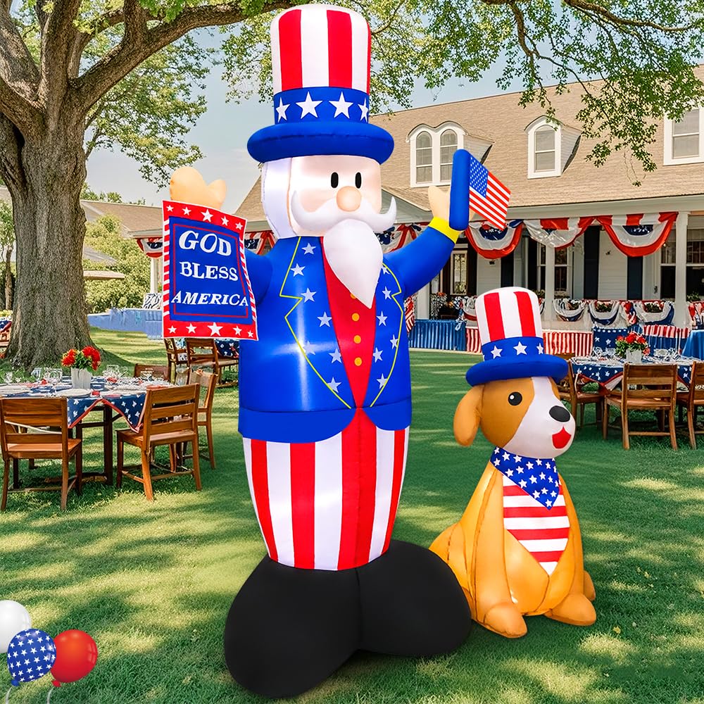 7FT Patriotic Independence Day 4th of July Inflatables Outdoor Decorations, Inflatable Uncle Sam with Dog, Built in LED Lights Blow up Fourth of July Decor for Holiday Party Garden Yard Lawn