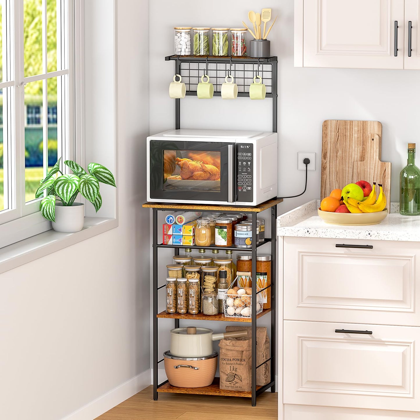 5 Tier Coffee Bar Station, Kitchen Stand with 4 S-Shaped Hooks, Farmhouse Corner Coffee Bar Cabinet for Small Spaces, Bakers Rack for Kitchen, Entryway, Living Room, 13.43" D x 18.93" W x 53.31" H